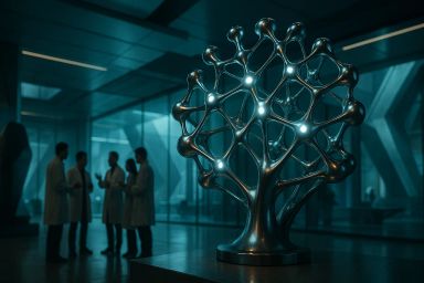 A metallic tree sculpture with glowing nodes, in