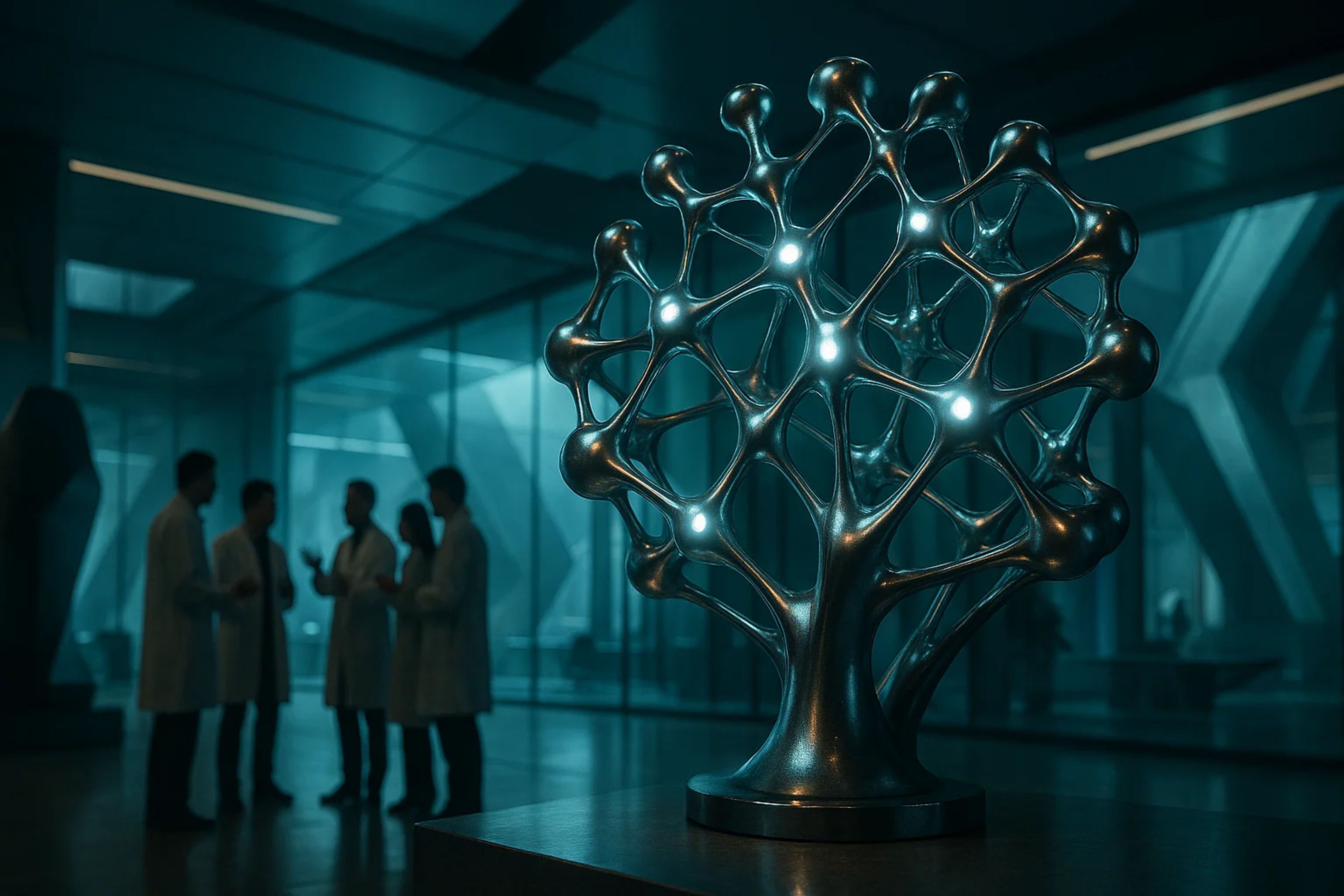 A metallic tree sculpture with glowing nodes, in