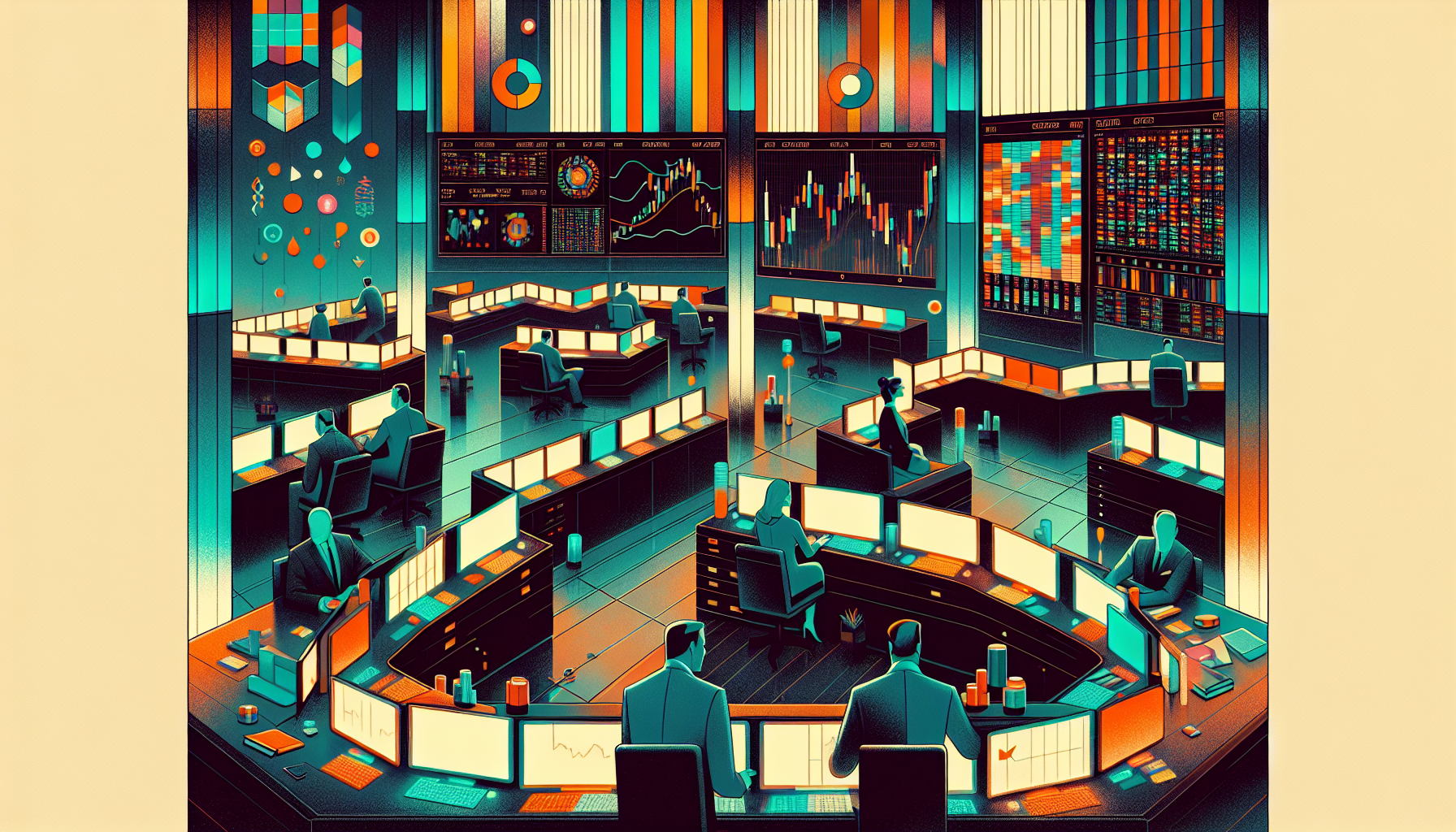A vibrant trading room with multiple screens