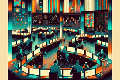 A vibrant trading room with multiple screens