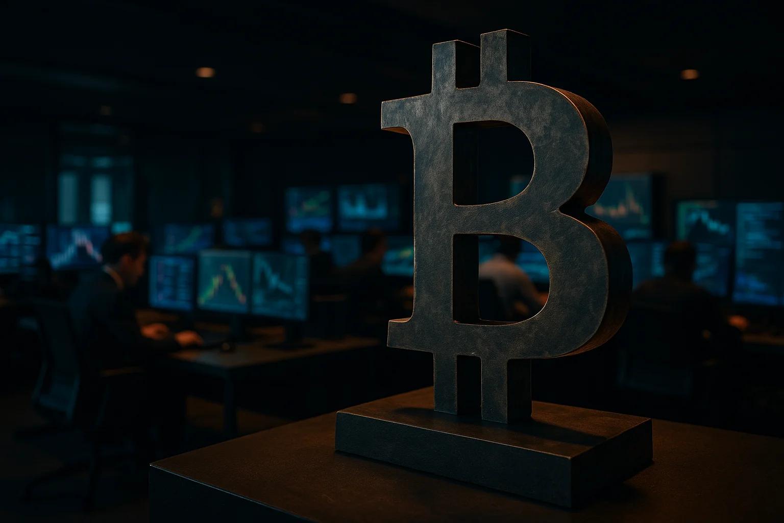 A large Bitcoin symbol in a dimly lit trading room