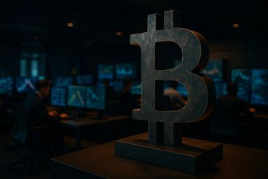 A large Bitcoin symbol in a dimly lit trading room