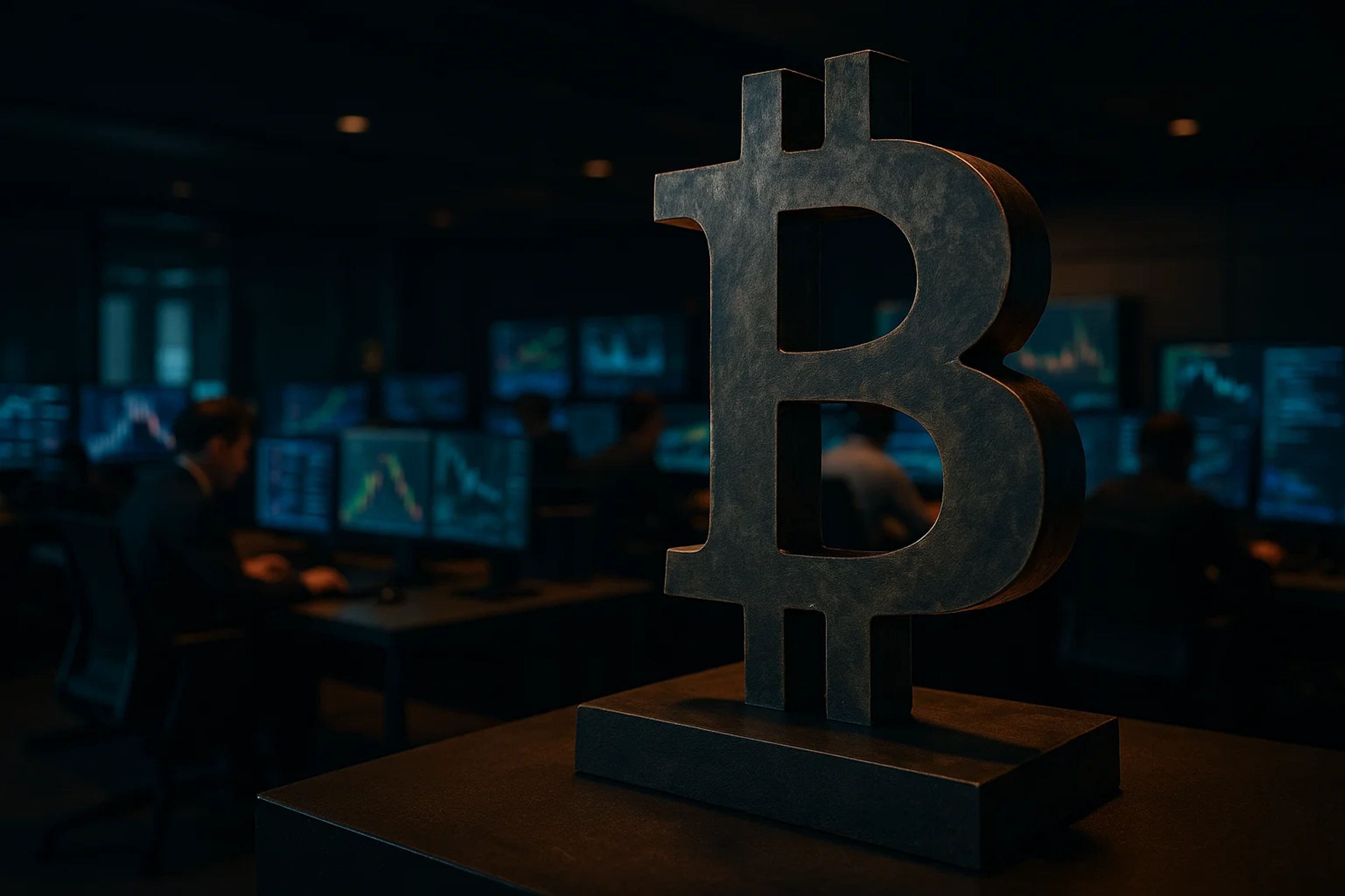 A large Bitcoin symbol in a dimly lit trading room