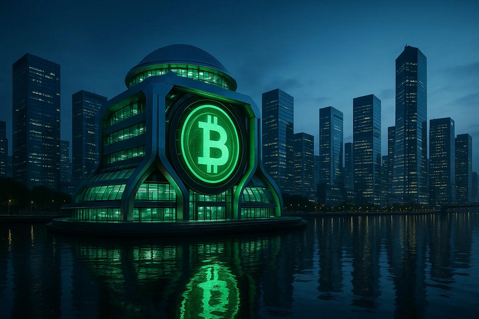Futuristic building with a green Bitcoin symbol