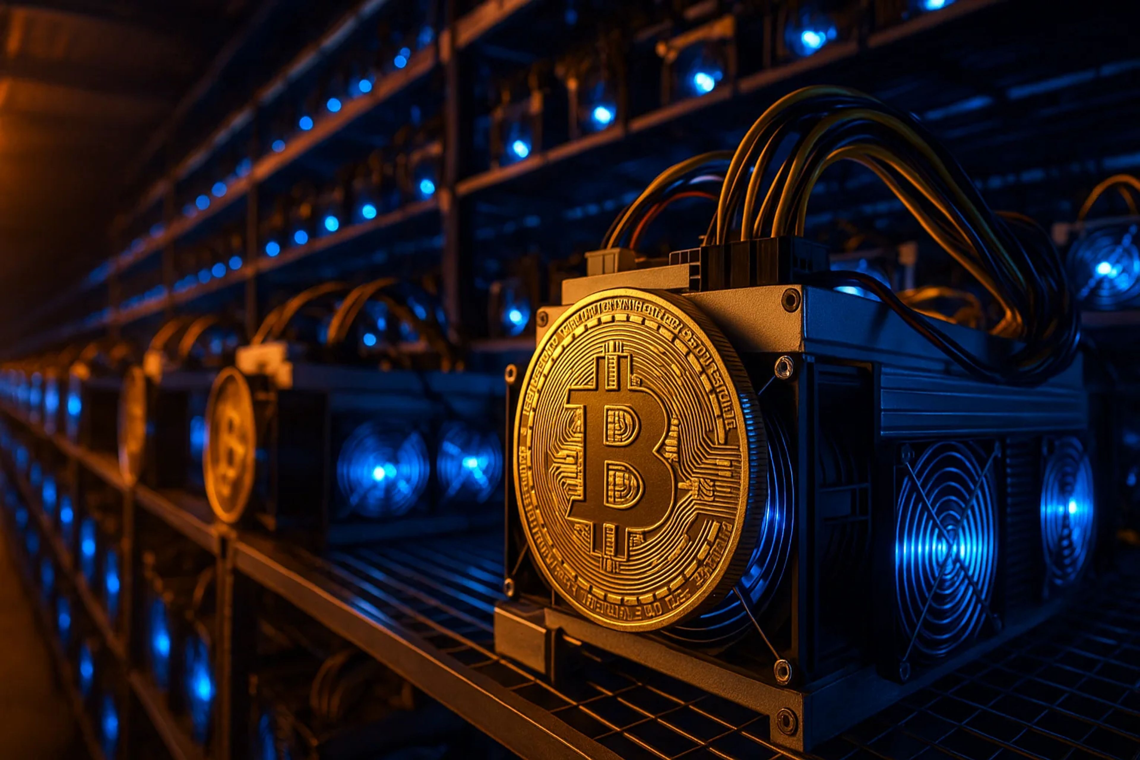 Bitcoin mining equipment with glowing blue lights