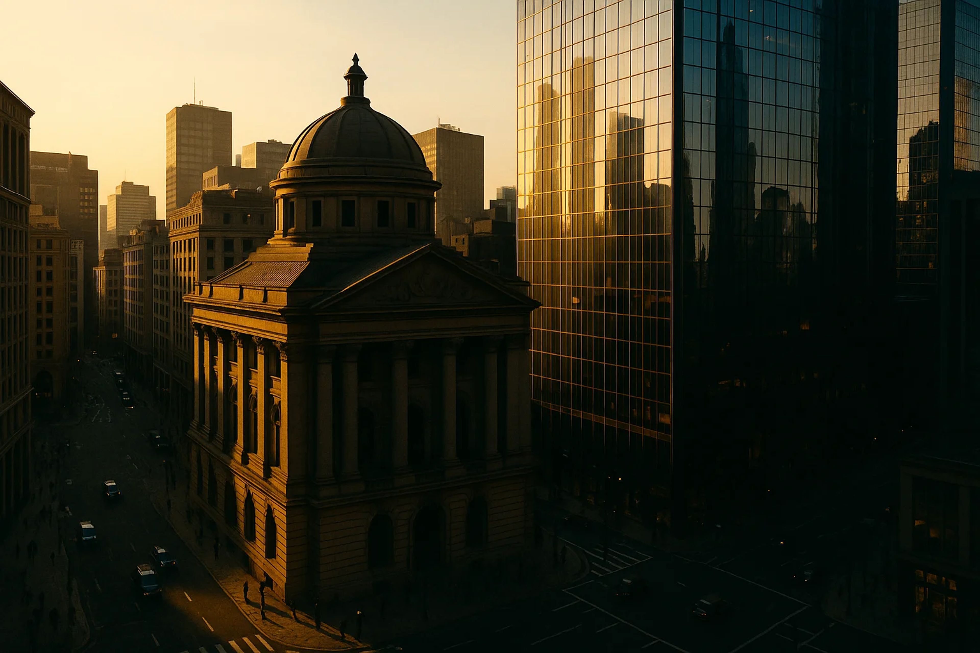 Historic building bathed in golden sunset light
