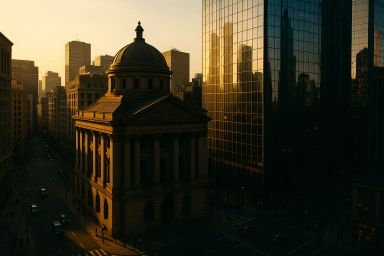 Historic building bathed in golden sunset light