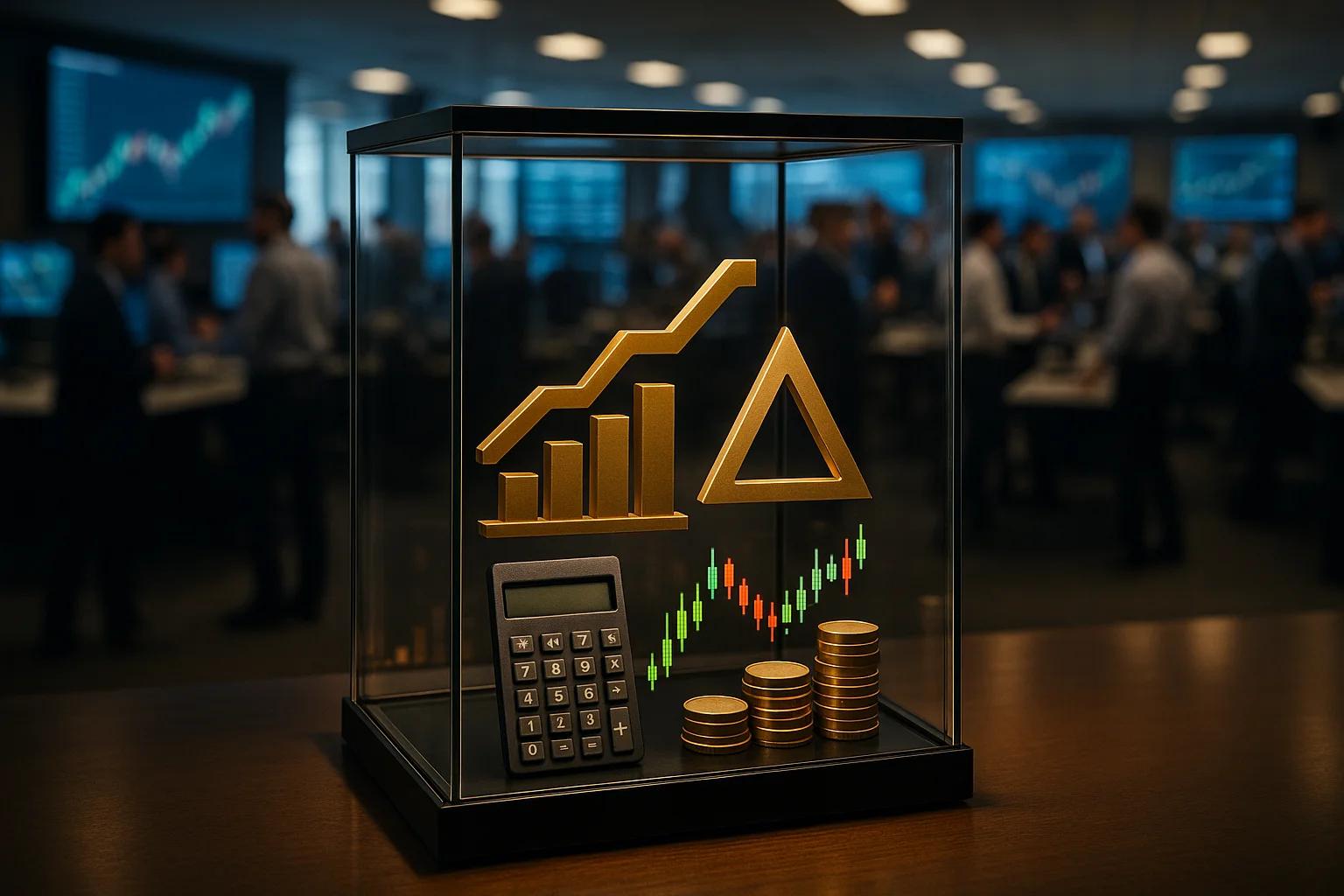 Golden financial symbols and calculator in