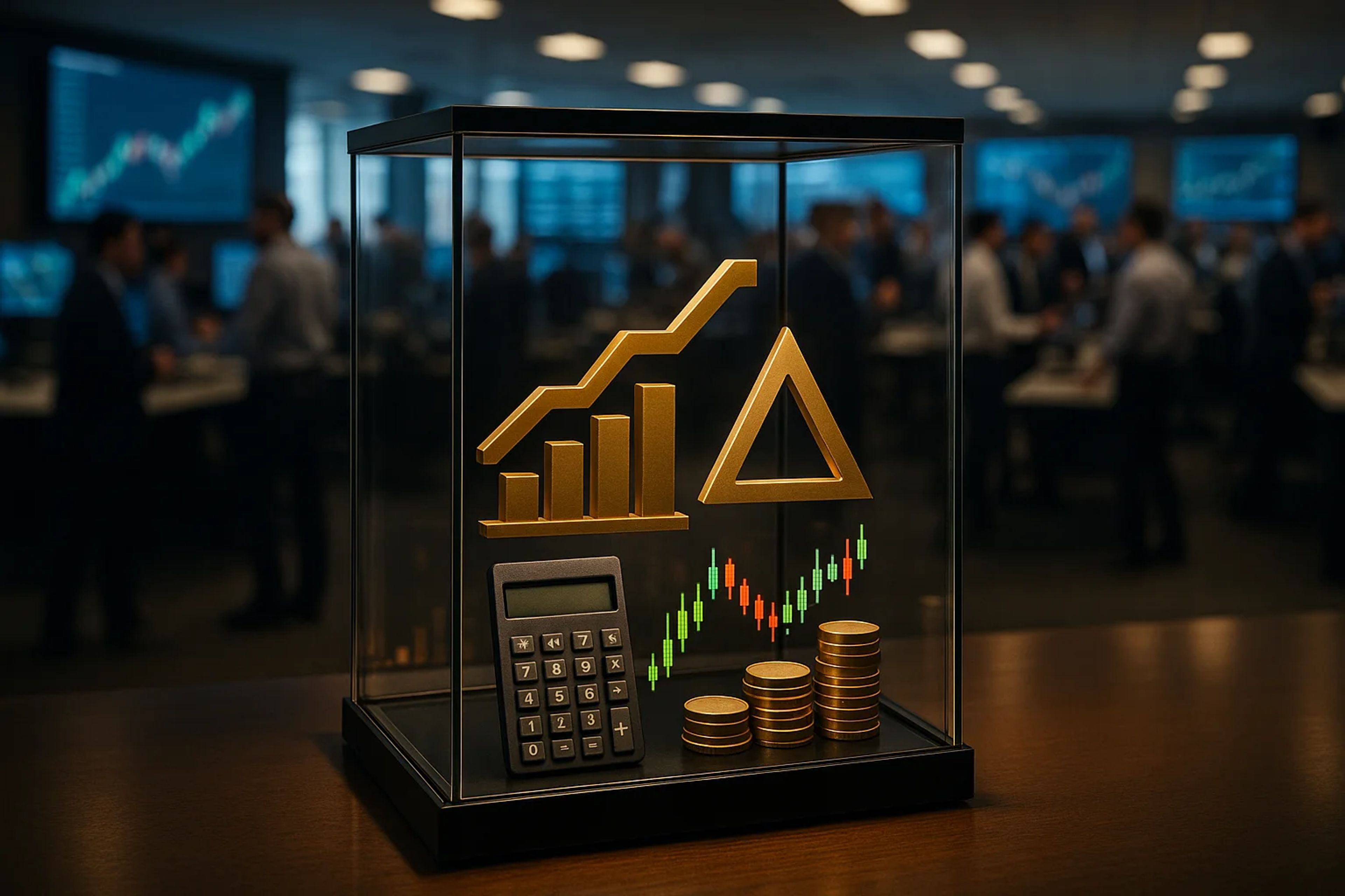 Golden financial symbols and calculator in