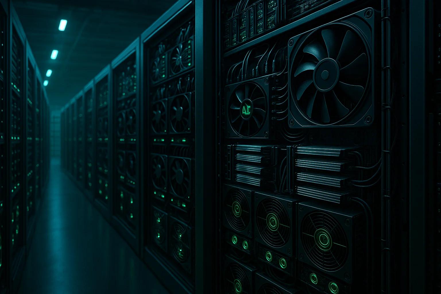 Rows of server racks with glowing green lights