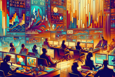 A vibrant trading room filled with monitors