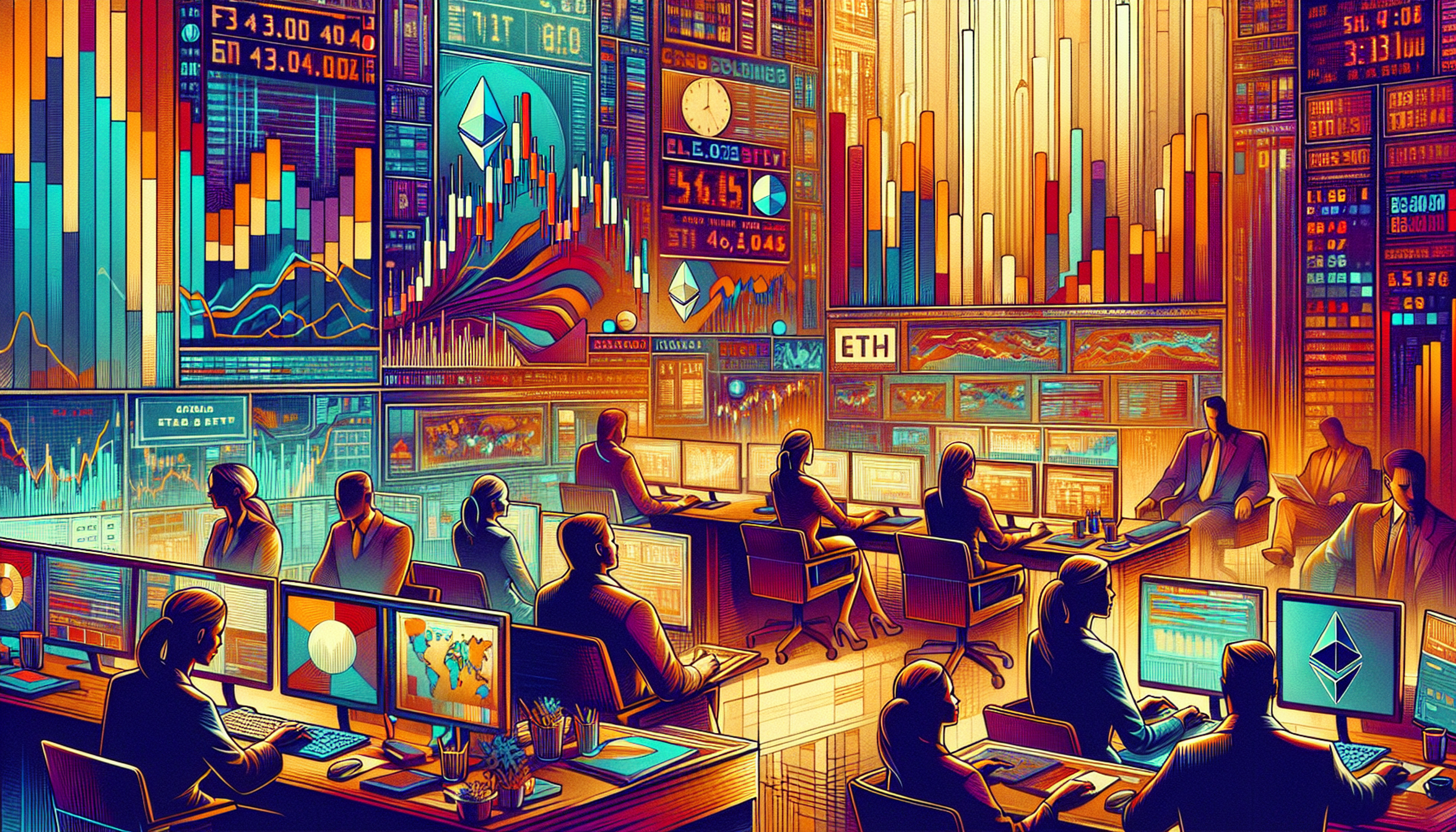 A vibrant trading room filled with monitors