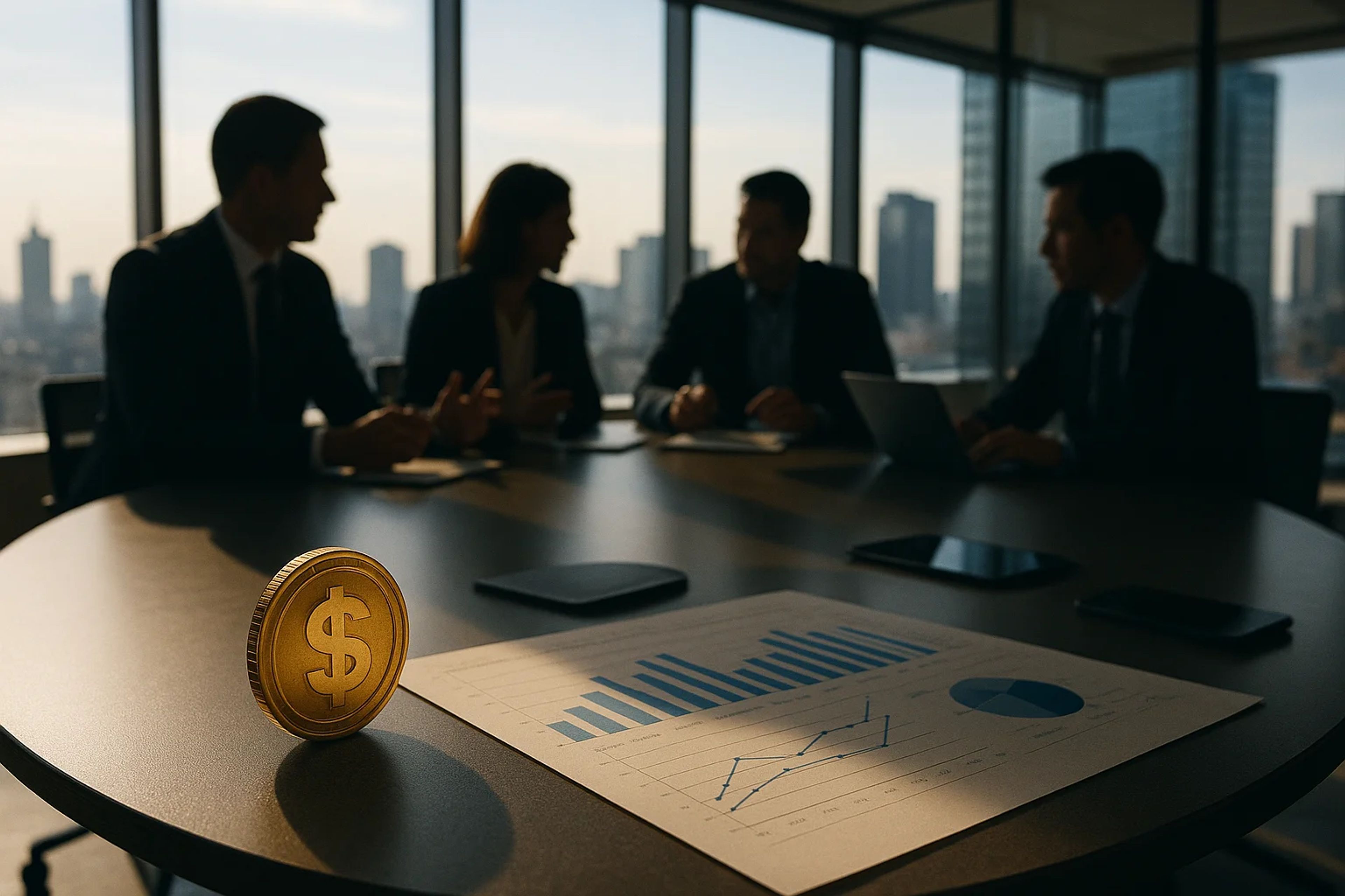Silhouetted business meeting with a dollar coin