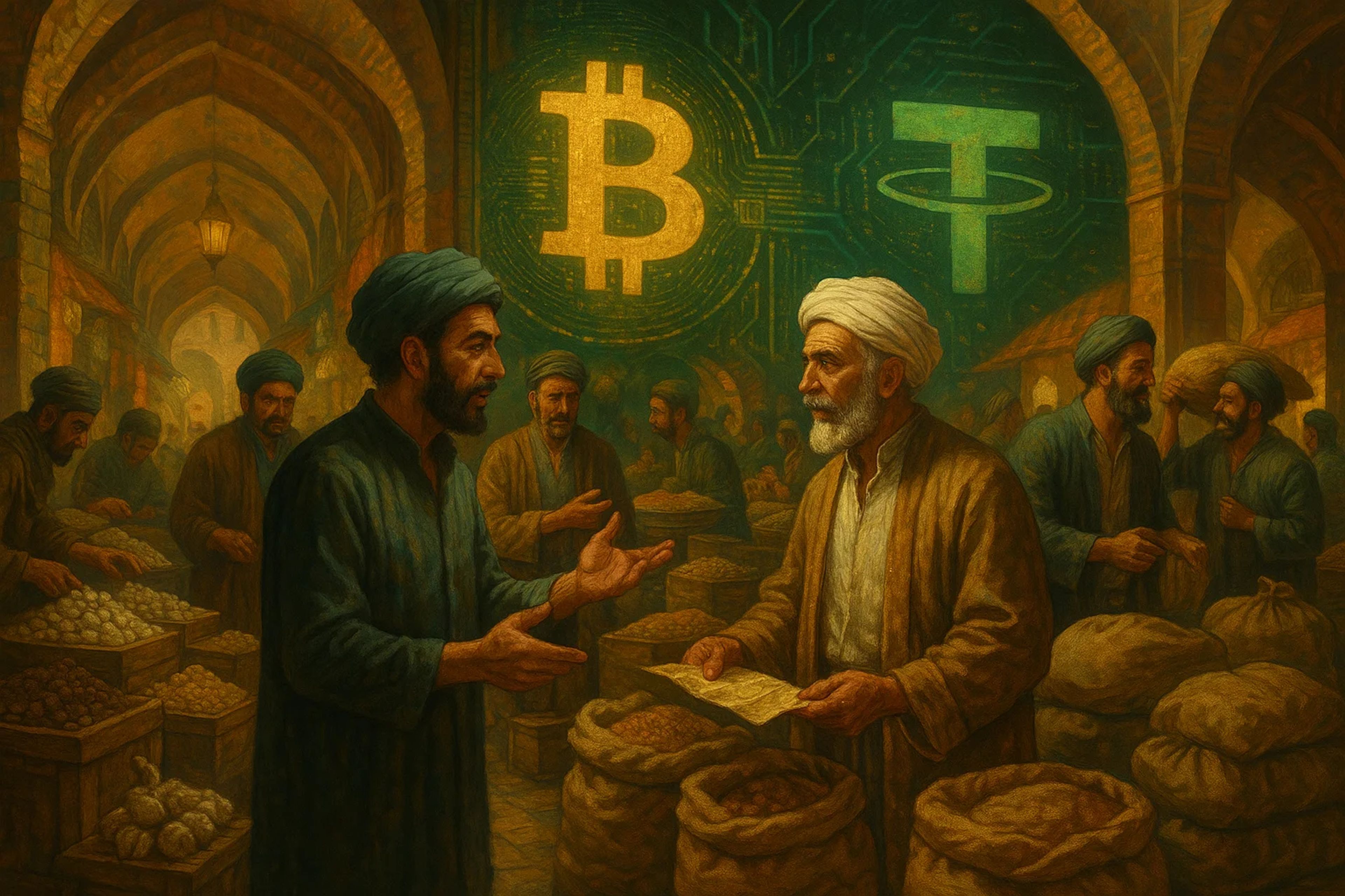 Marketplace scene with traders and sacks of goods