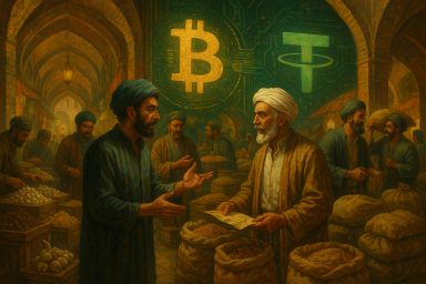 Marketplace scene with traders and sacks of goods