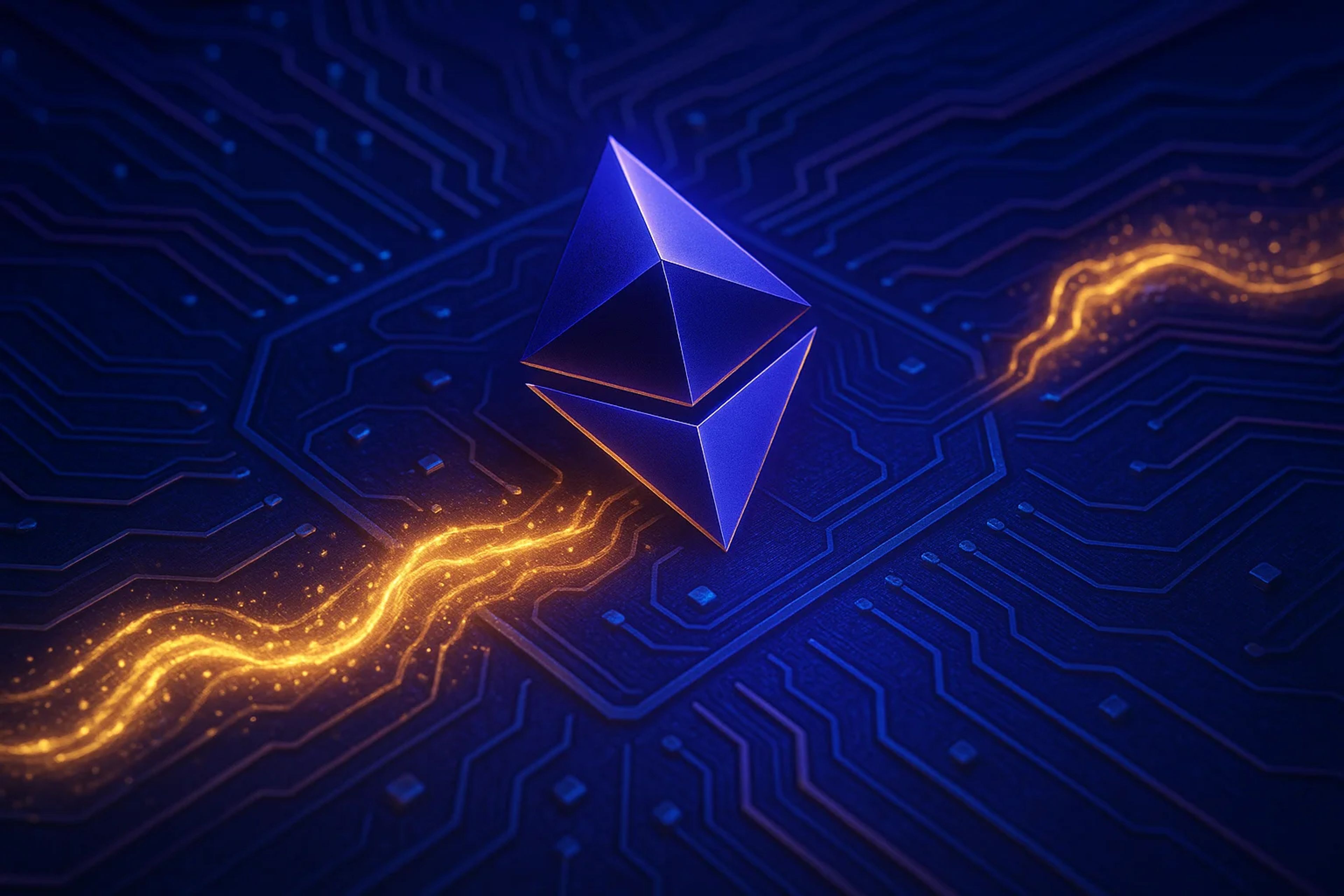 A glowing purple pyramid on a circuit board with