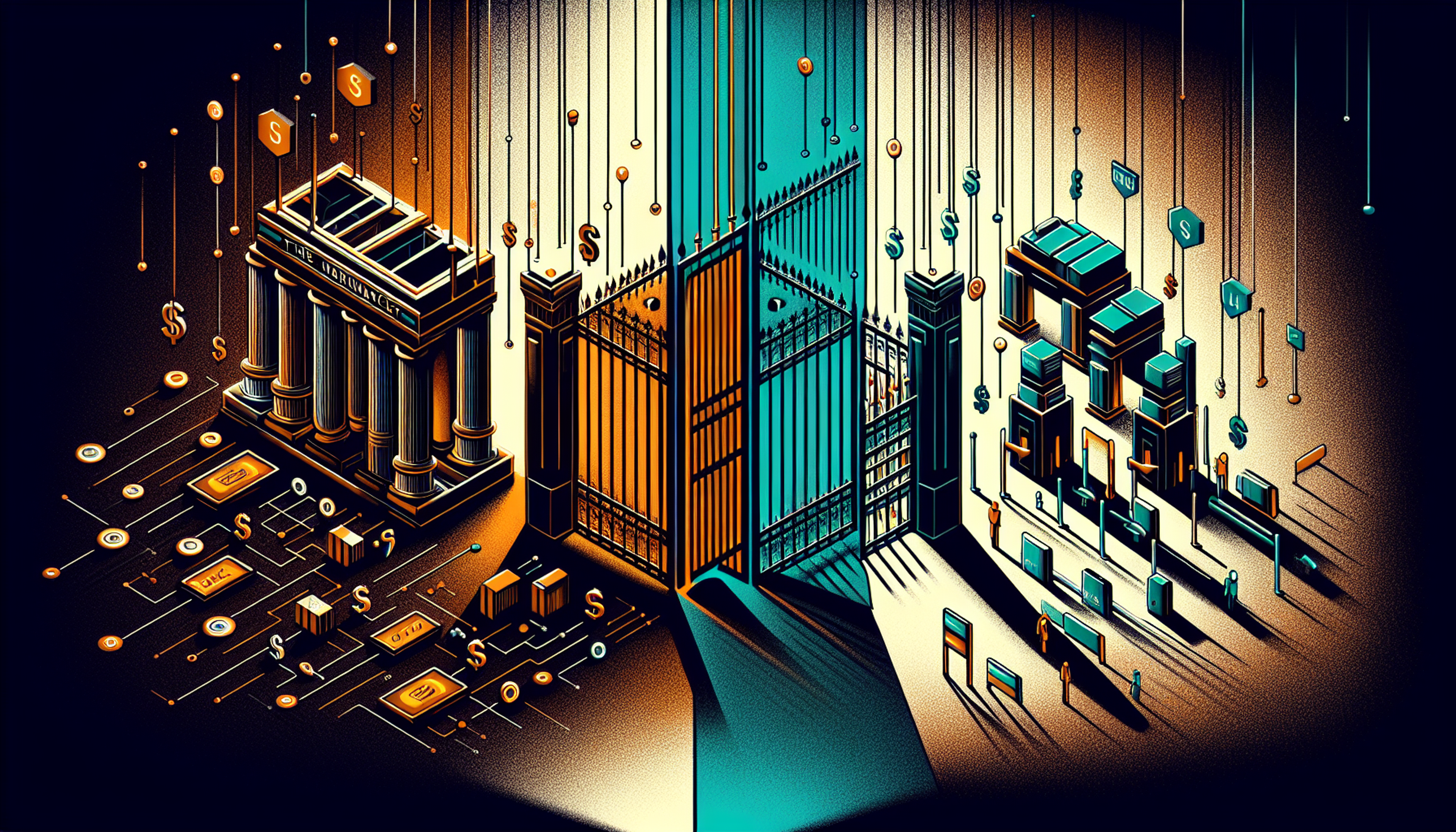 A stylized split scene depicting a bank on the