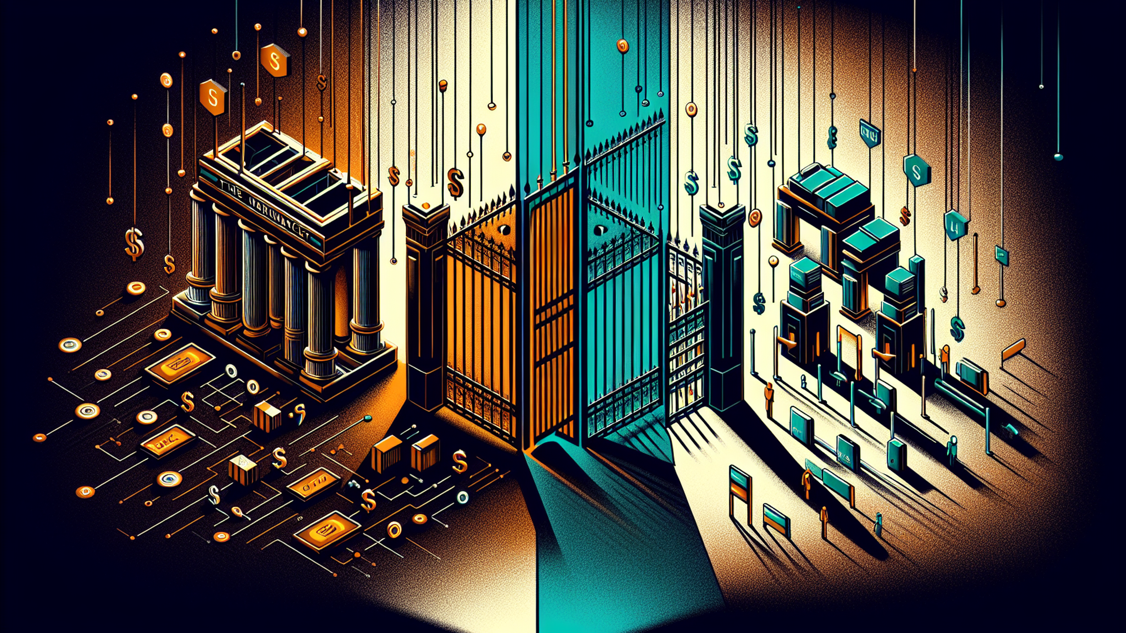 A stylized split scene depicting a bank on the