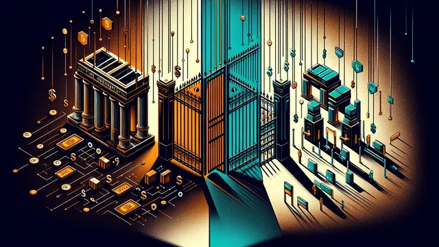 A stylized split scene depicting a bank on the