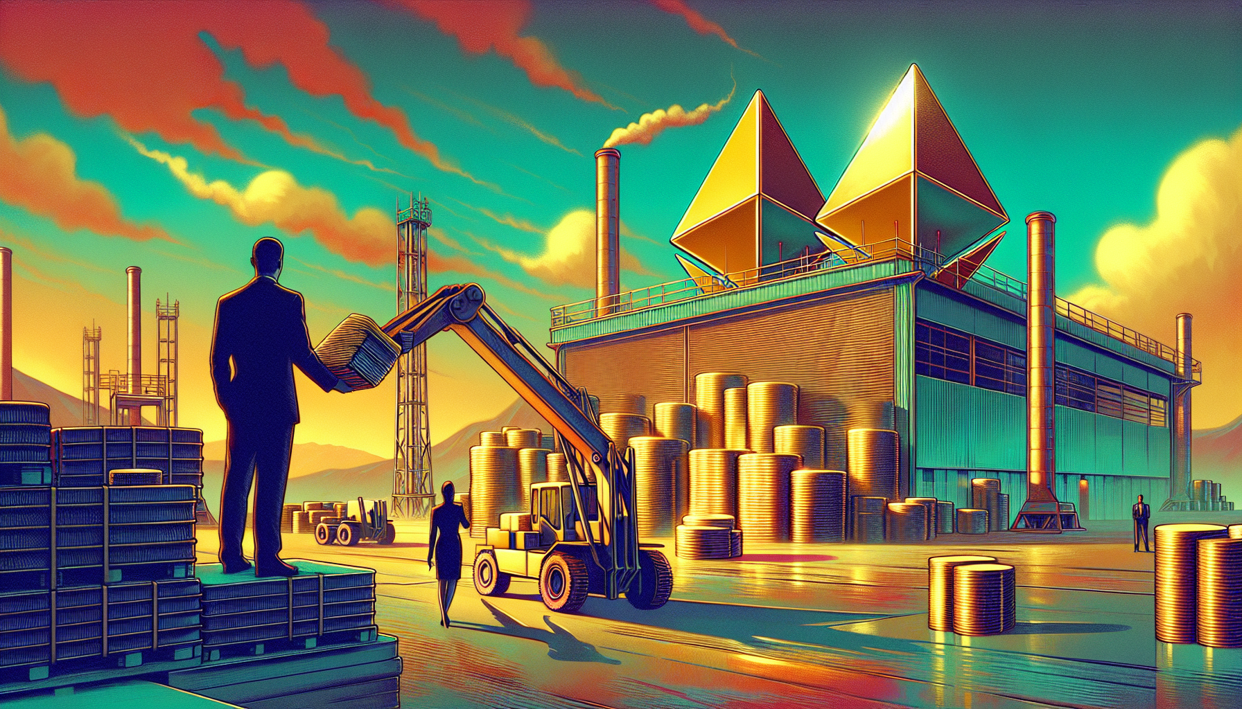 Silhouetted figures in an industrial setting at