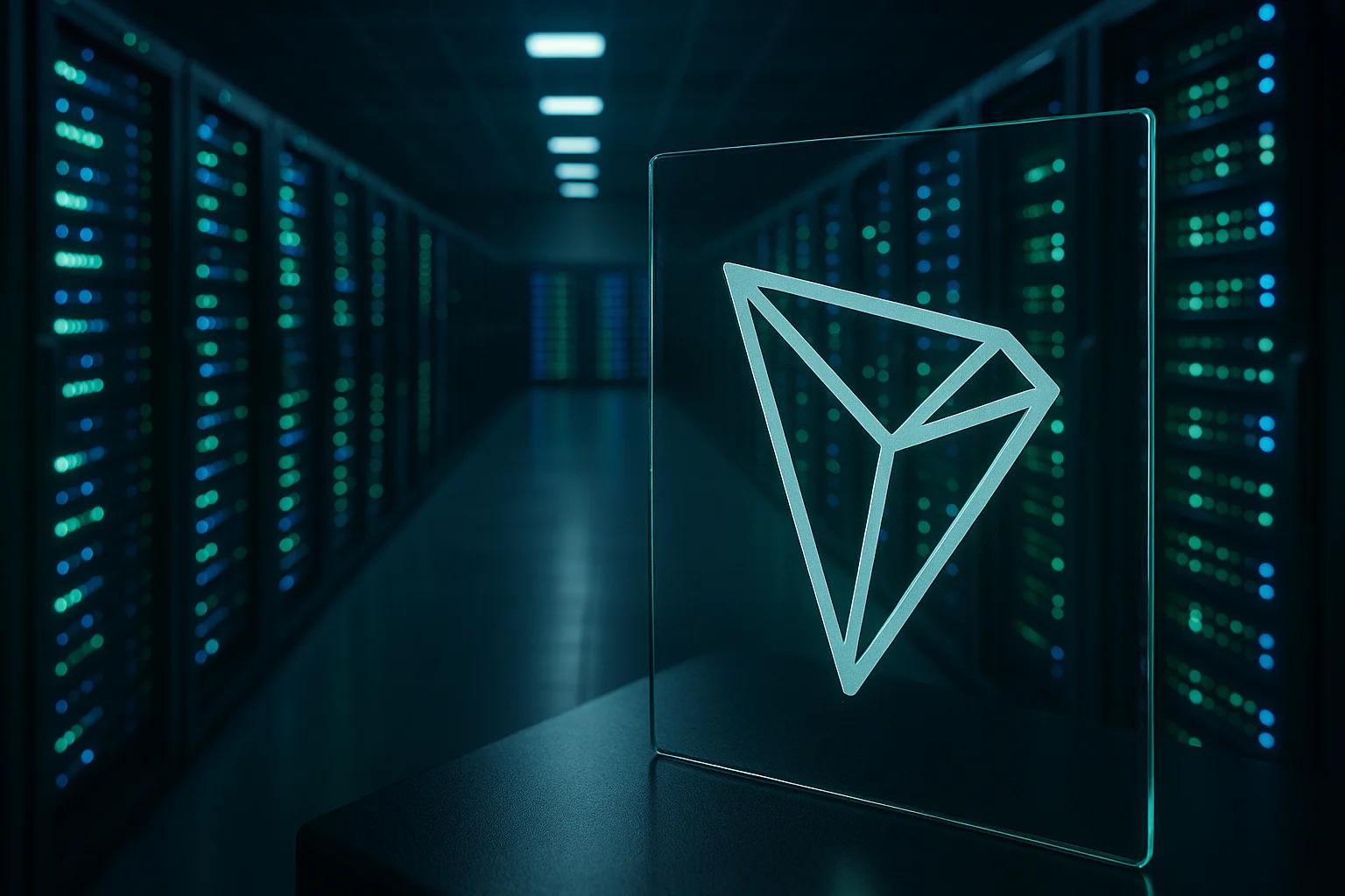 A transparent triangular logo in a server room