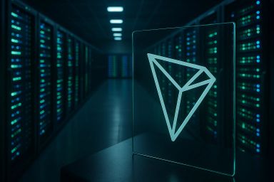 A transparent triangular logo in a server room