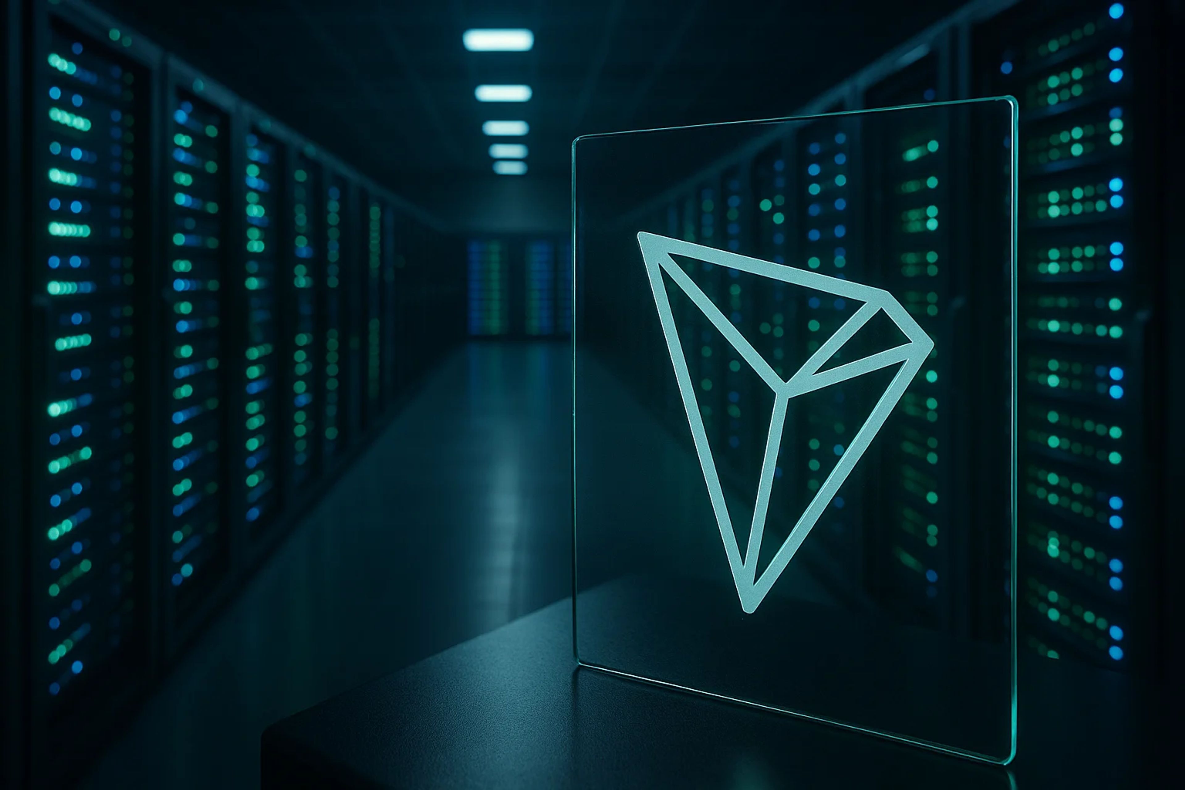 A transparent triangular logo in a server room