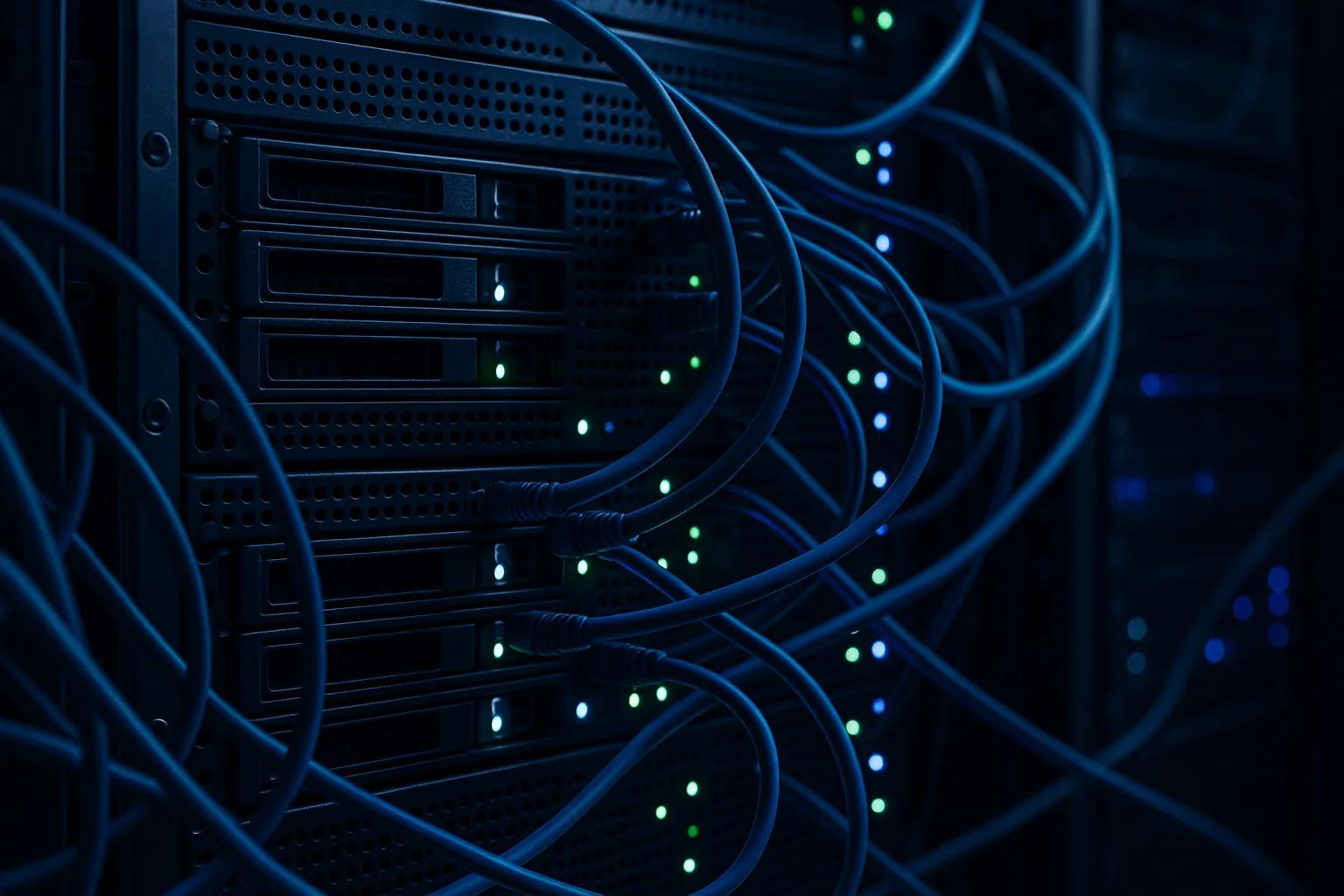 Close-up of server racks with blue cables and