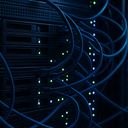 Close-up of server racks with blue cables and