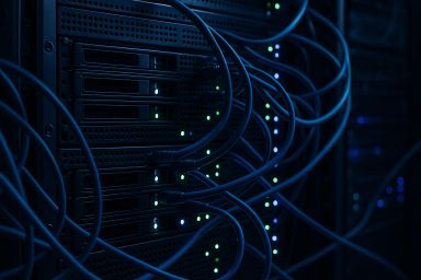 Close-up of server racks with blue cables and