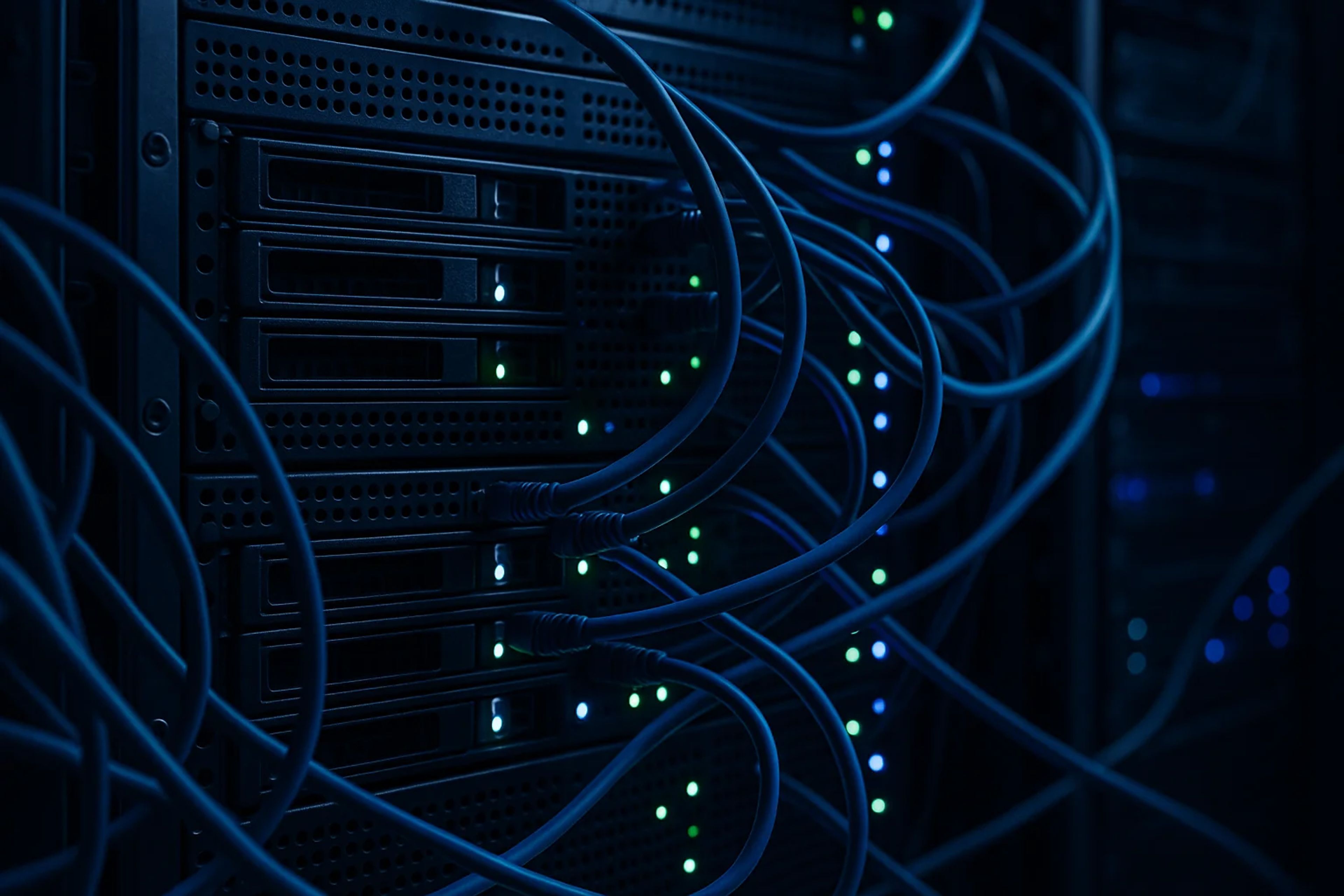 Close-up of server racks with blue cables and