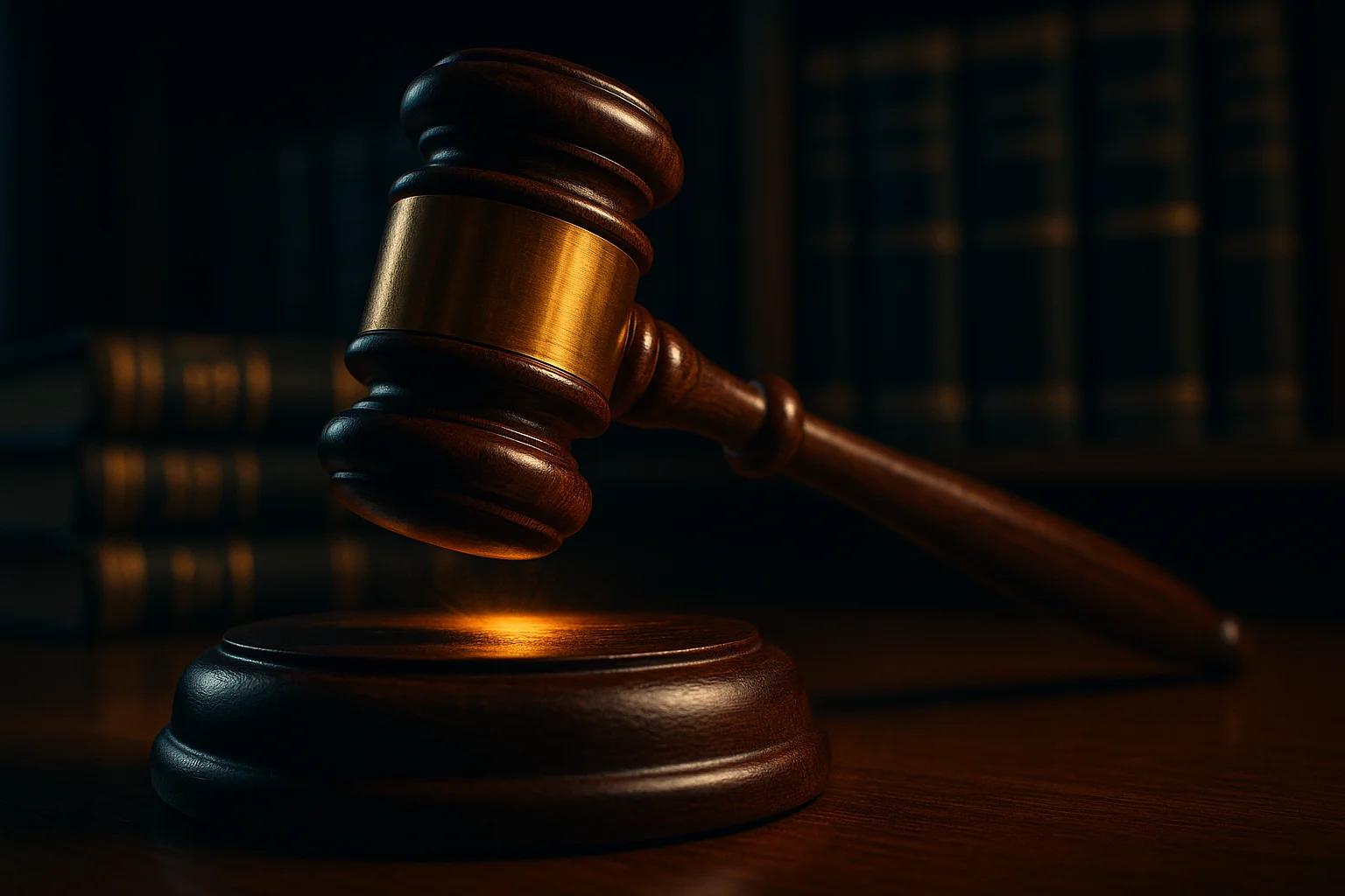 A wooden gavel resting on a round base with a