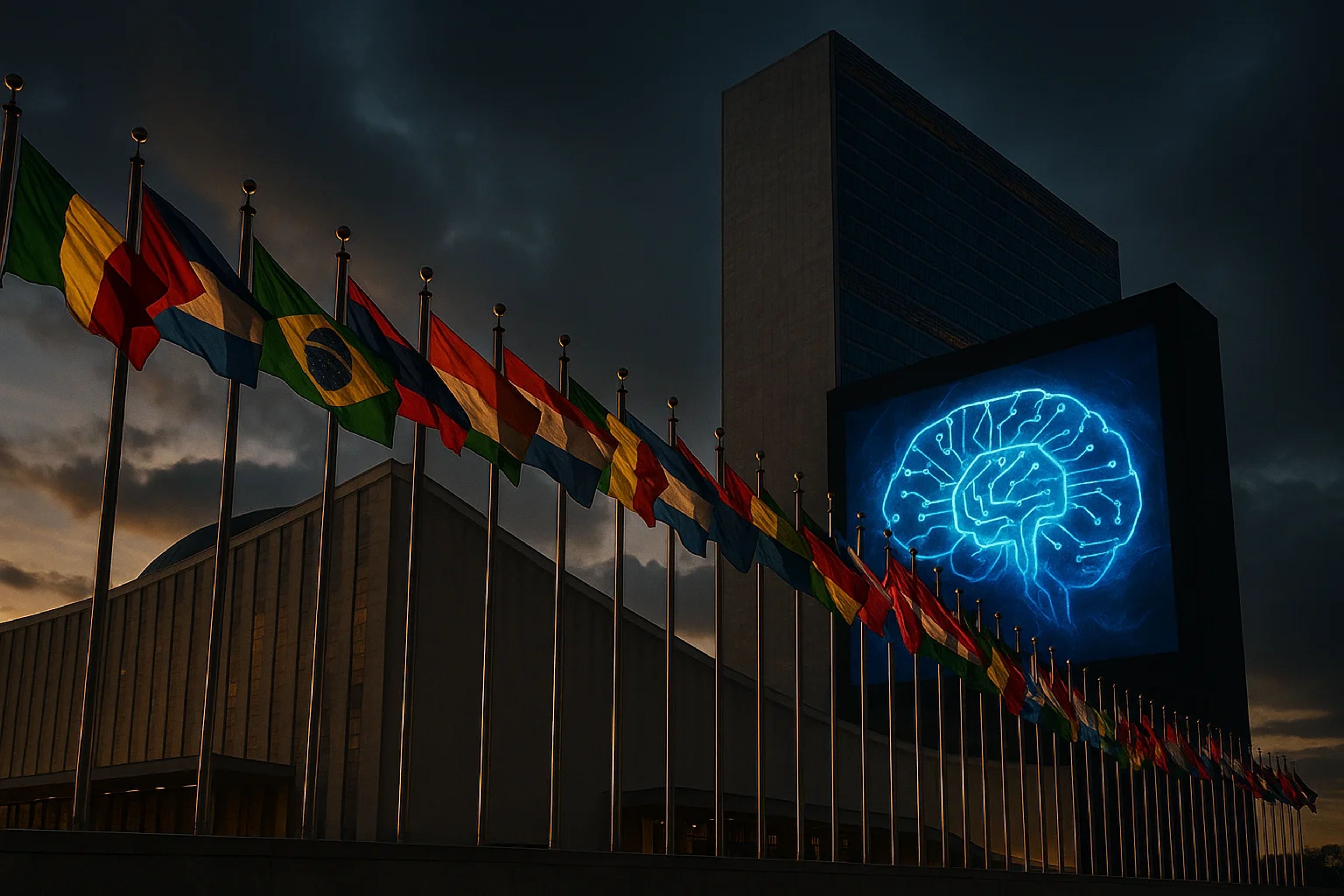 Colorful flags in front of a modern building with