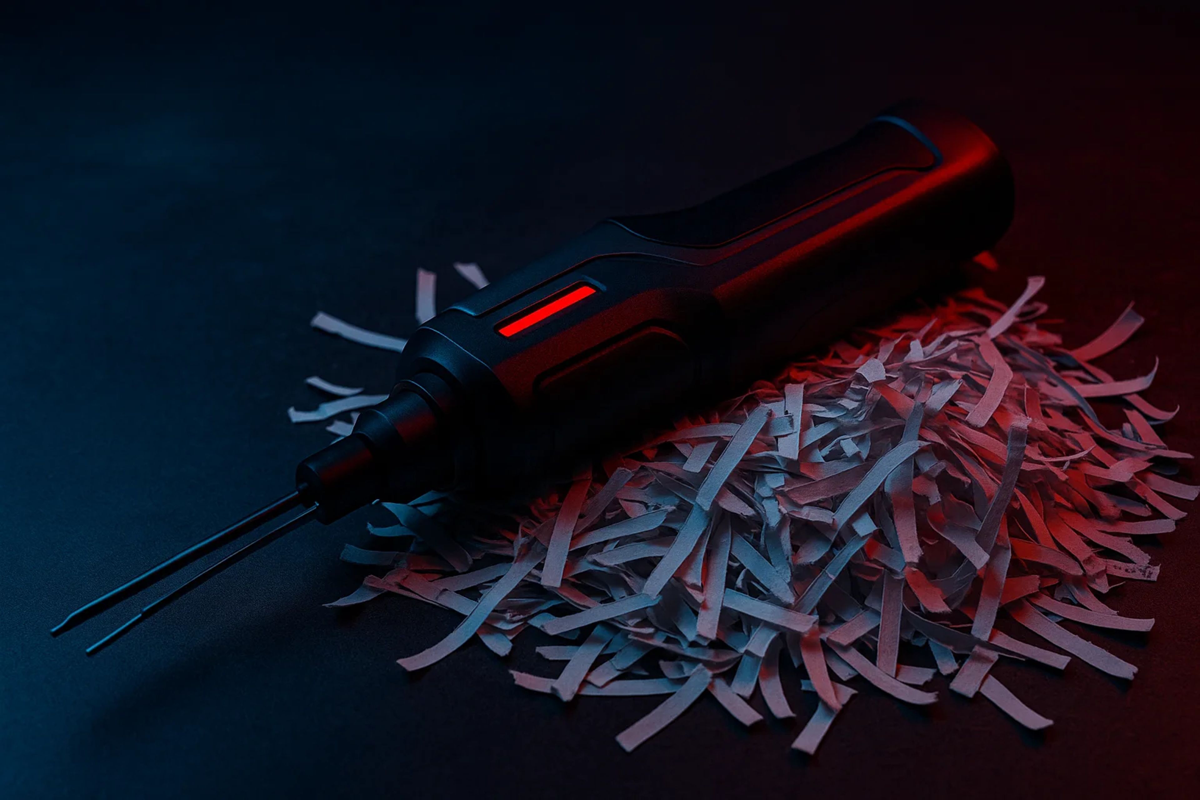 A black tool with a red accent resting on