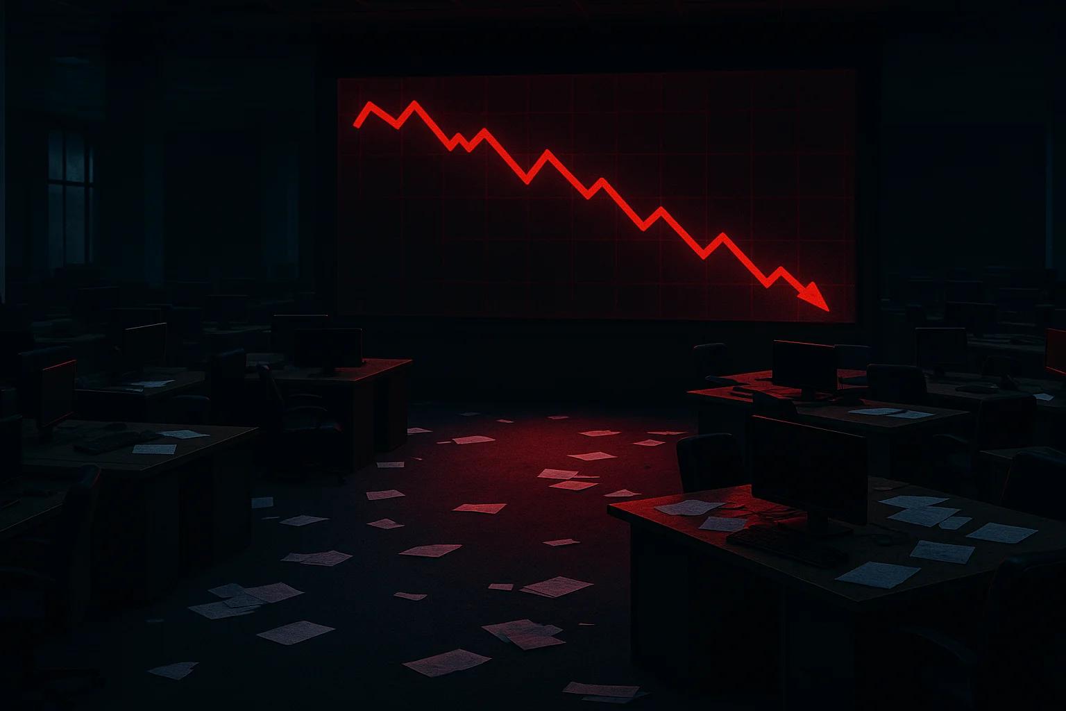 Dimly lit office with scattered papers and a red