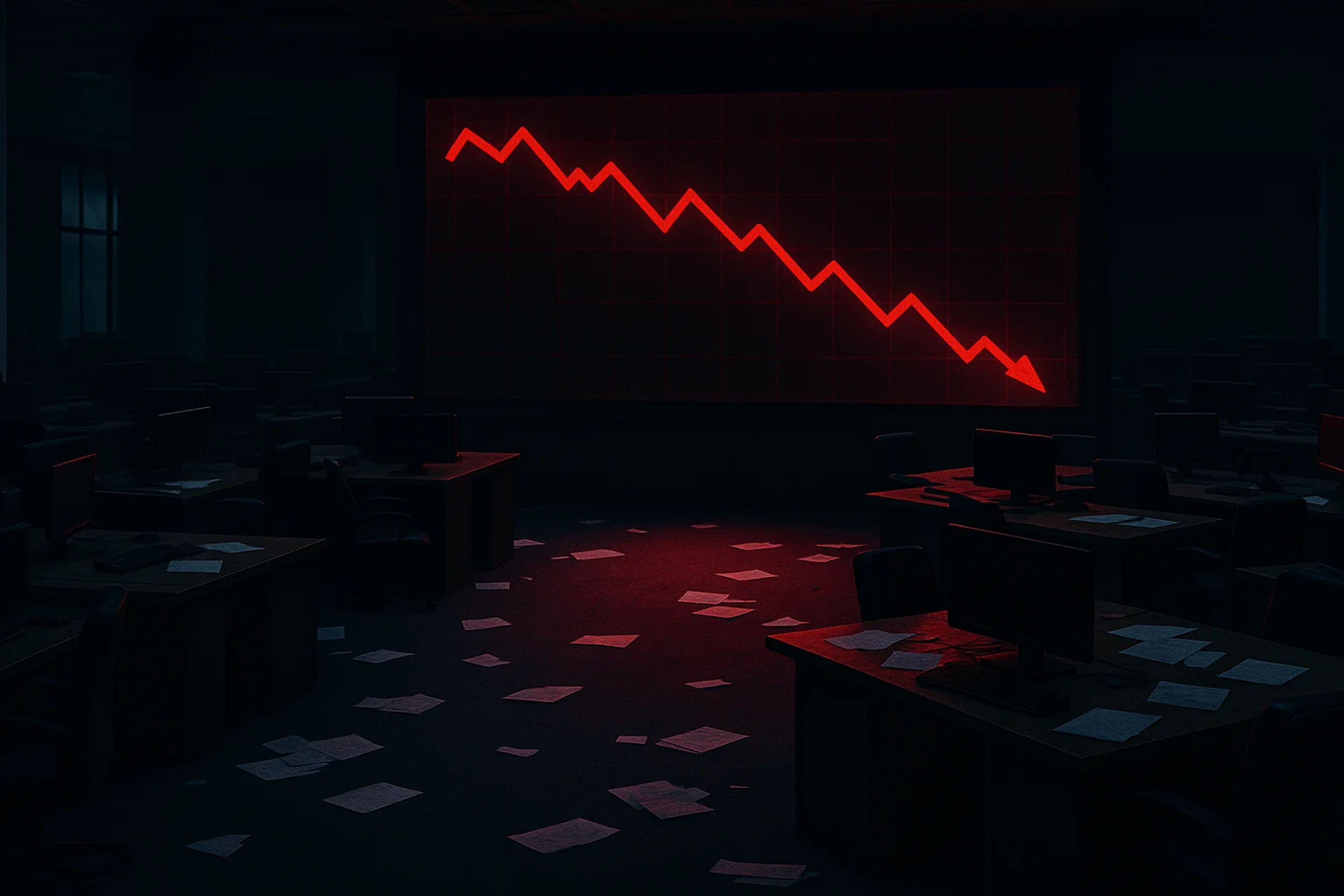 Dimly lit office with scattered papers and a red