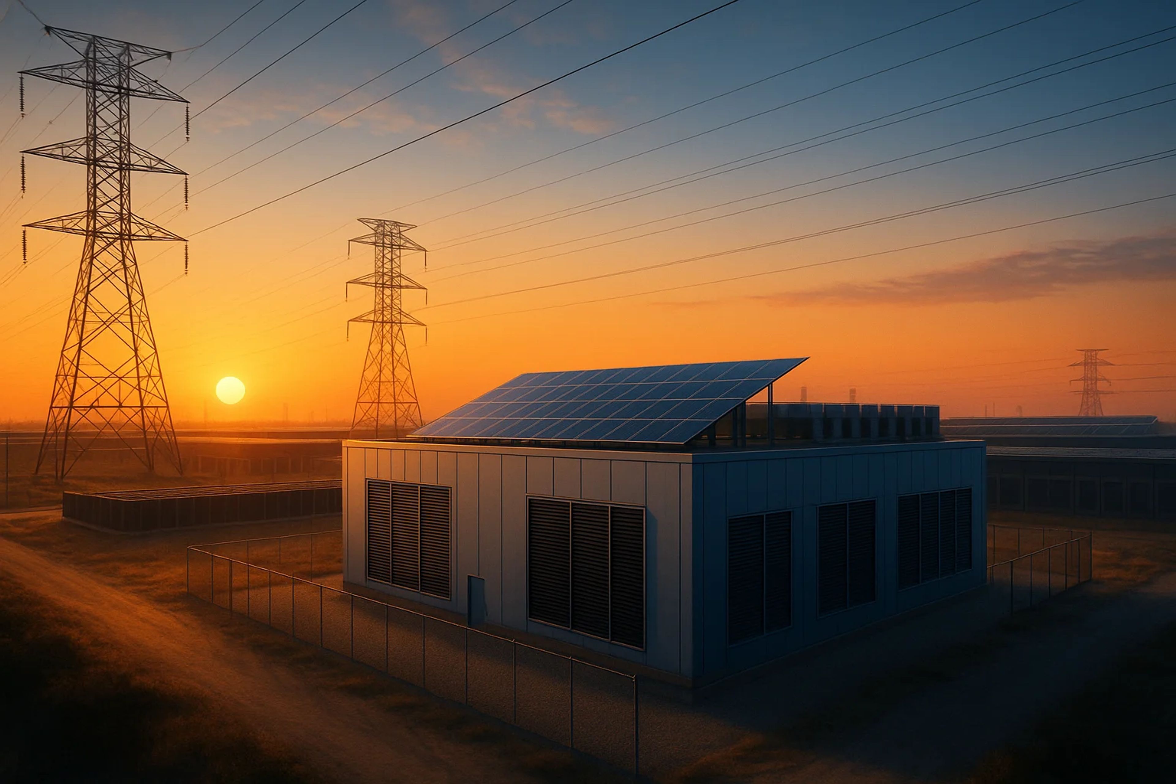 Sunset over a solar energy facility with power