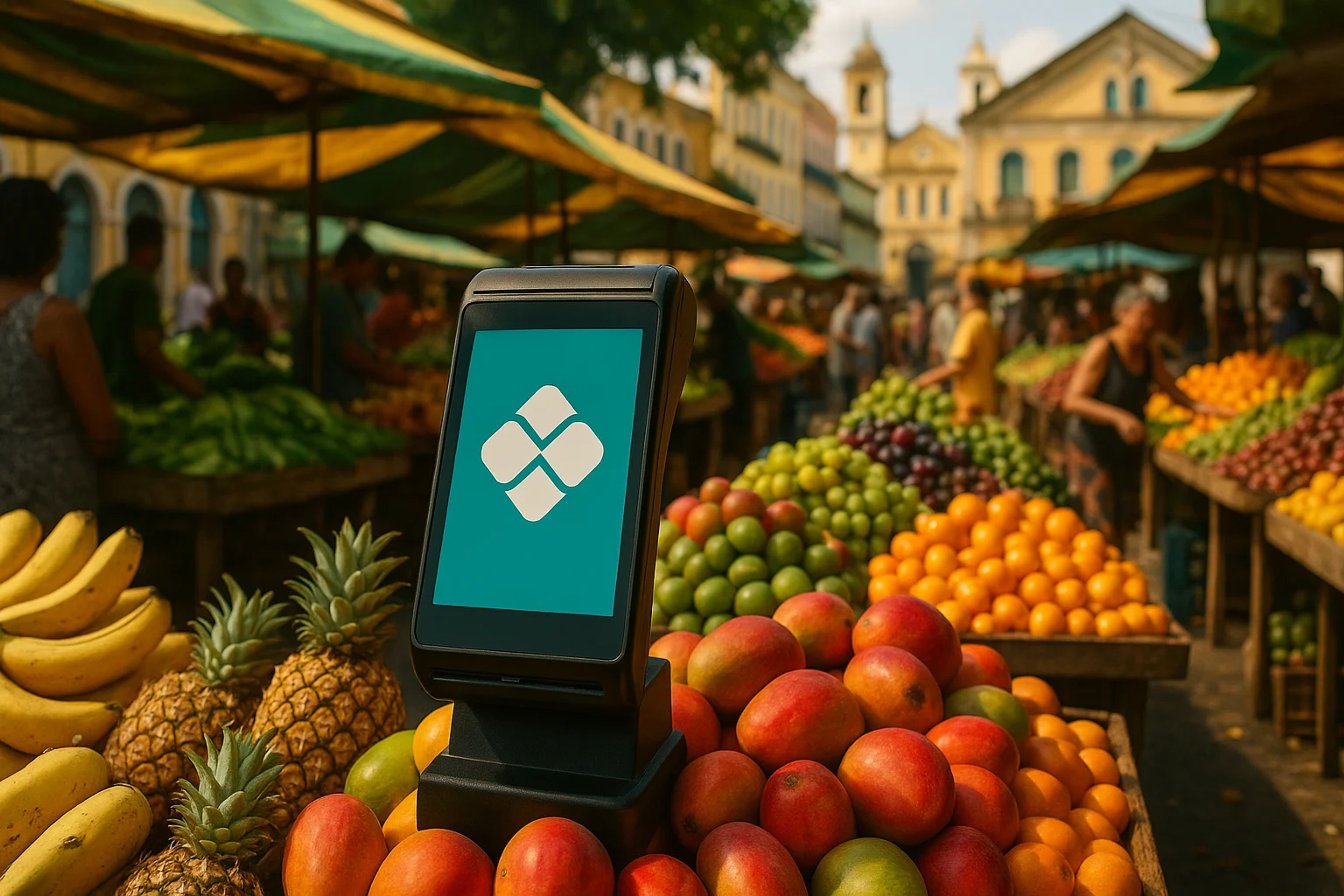 Vibrant market scene with colorful fruits and
