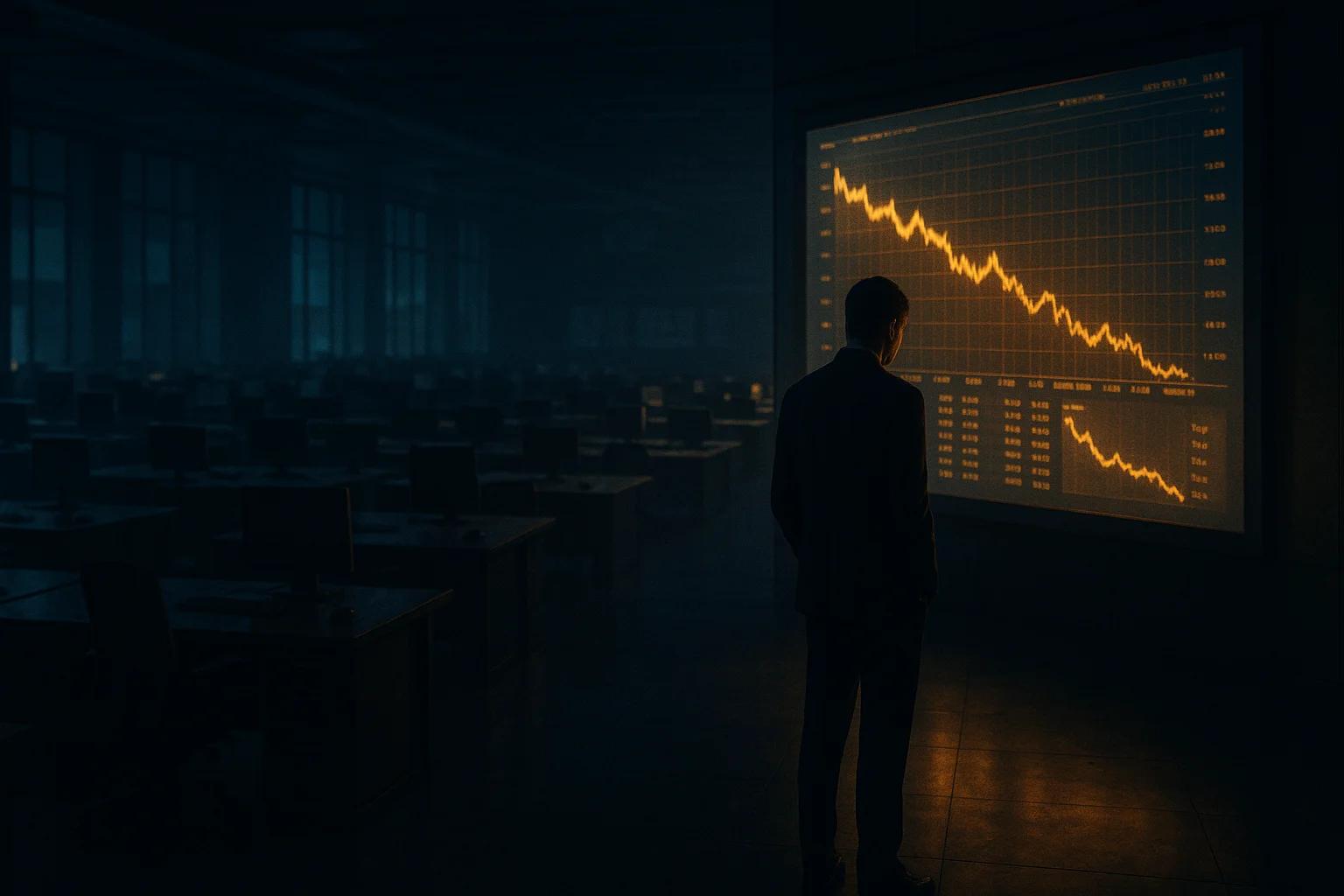 A man in a suit stands in a dimly lit office