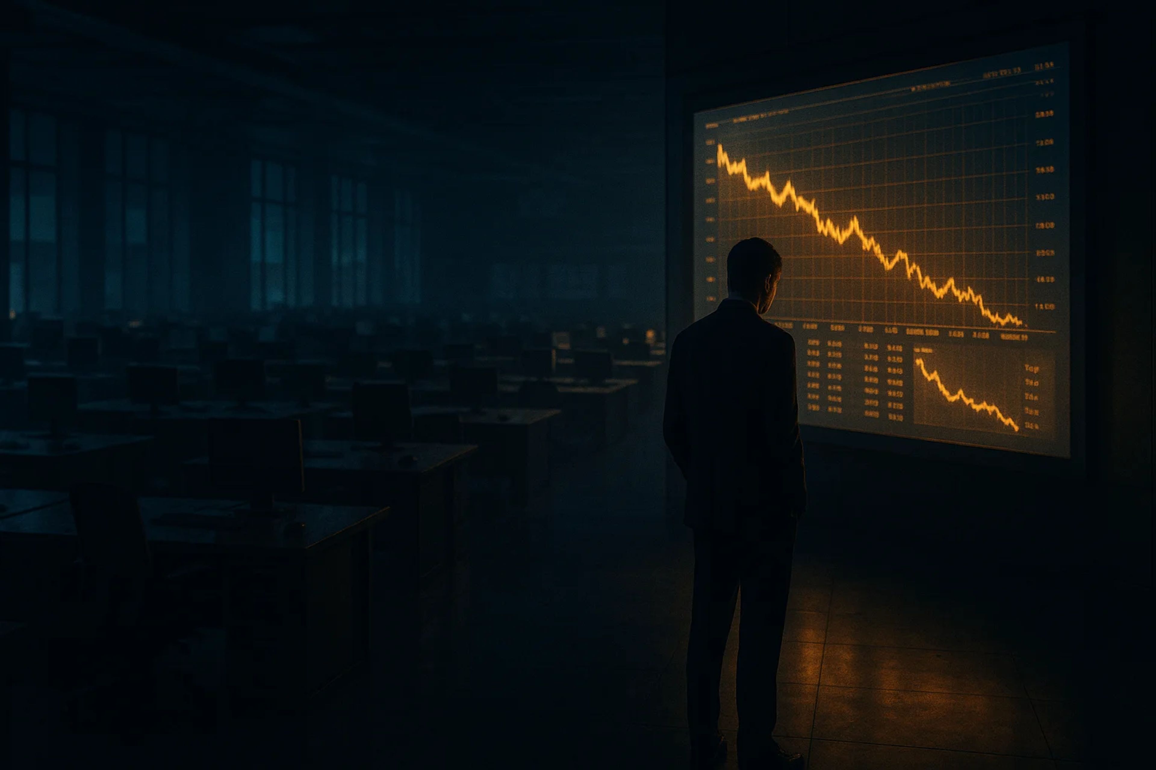 A man in a suit stands in a dimly lit office