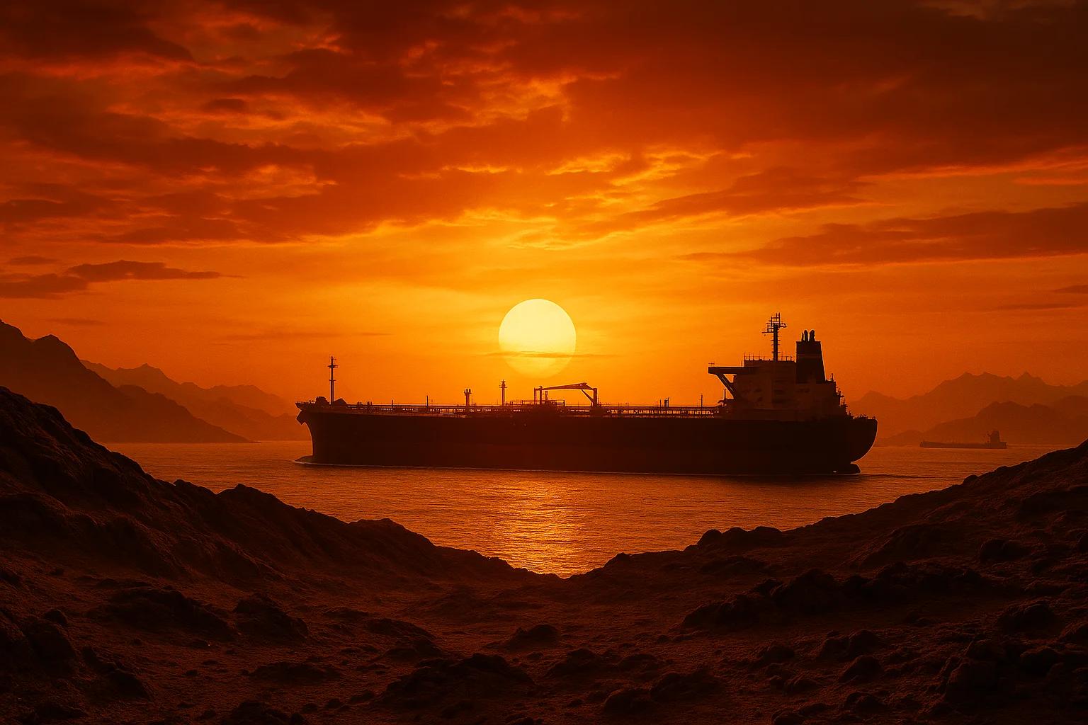 Silhouette of a ship against a vibrant sunset