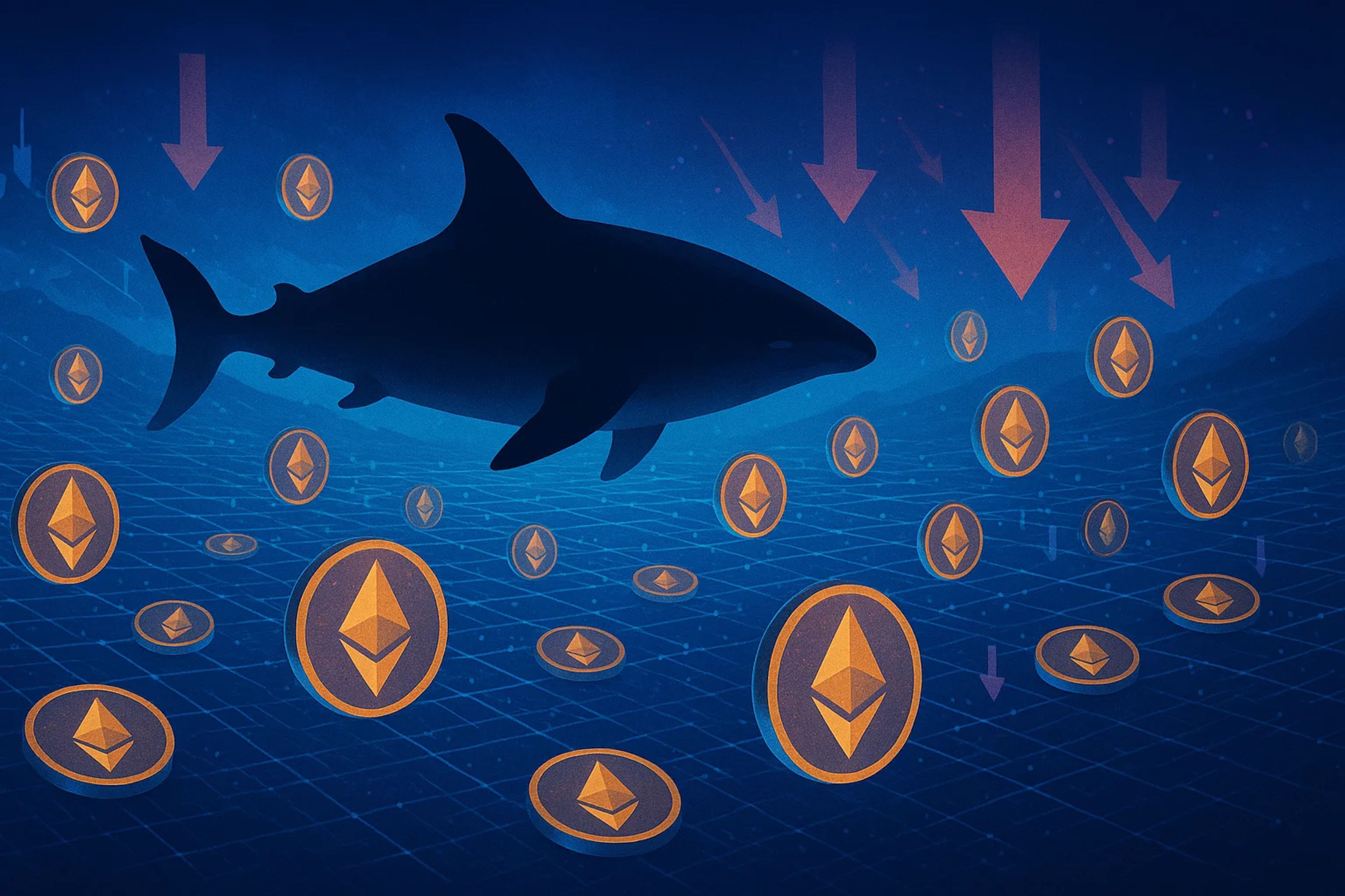 A shark swimming among floating coins in a dark