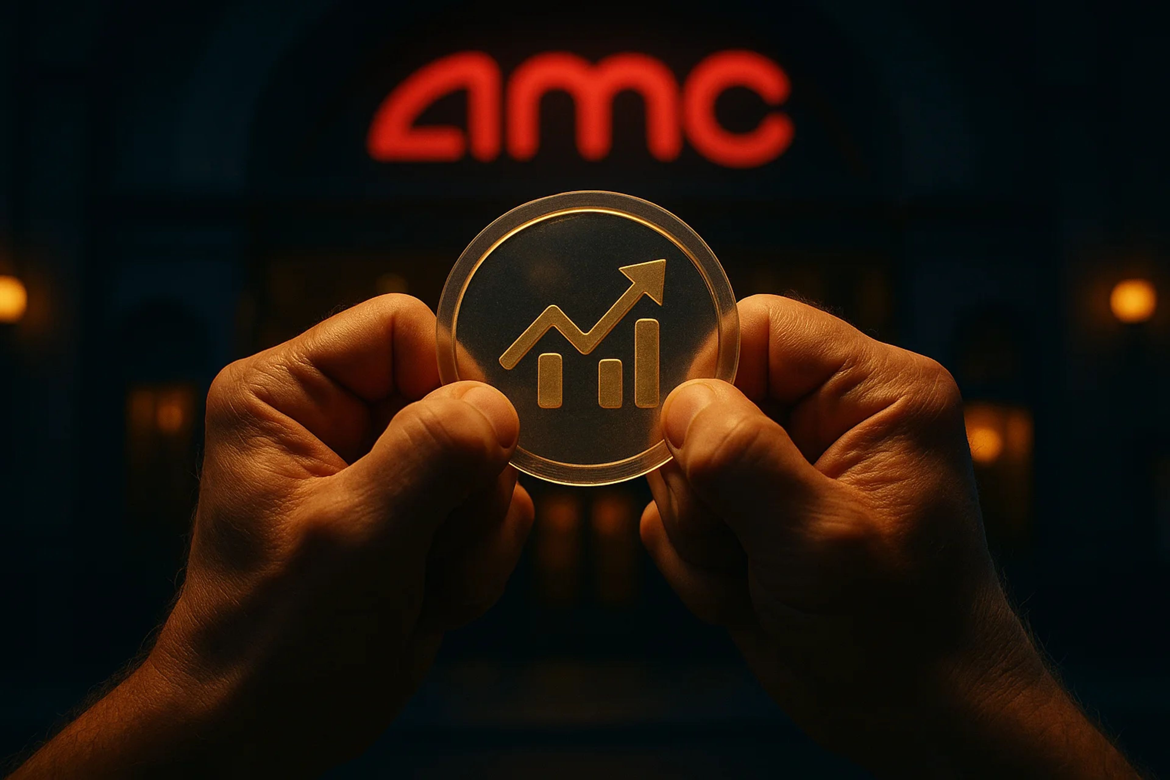 Hands holding a circular symbol with an upward