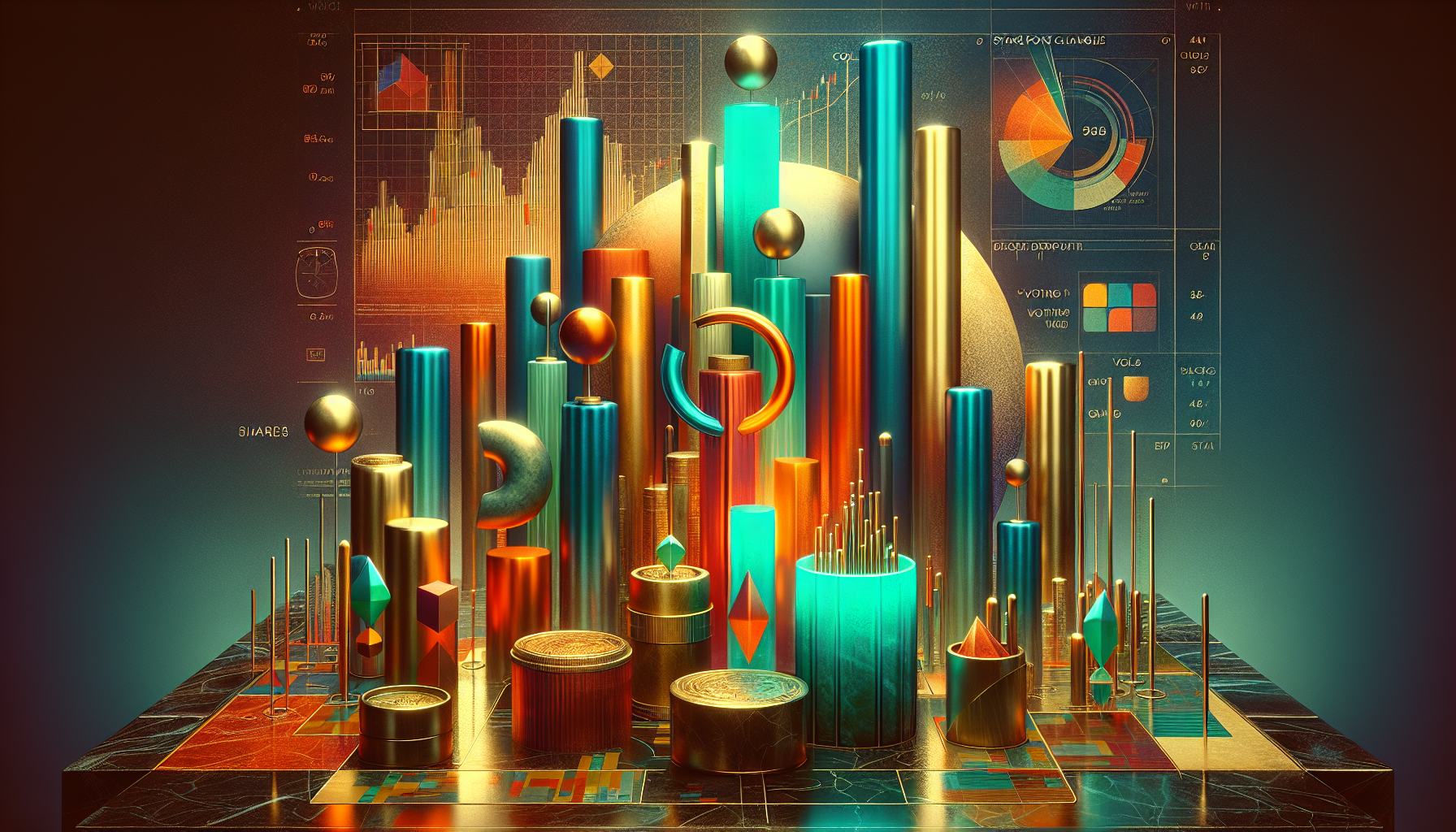 Colorful 3D geometric shapes and charts on a