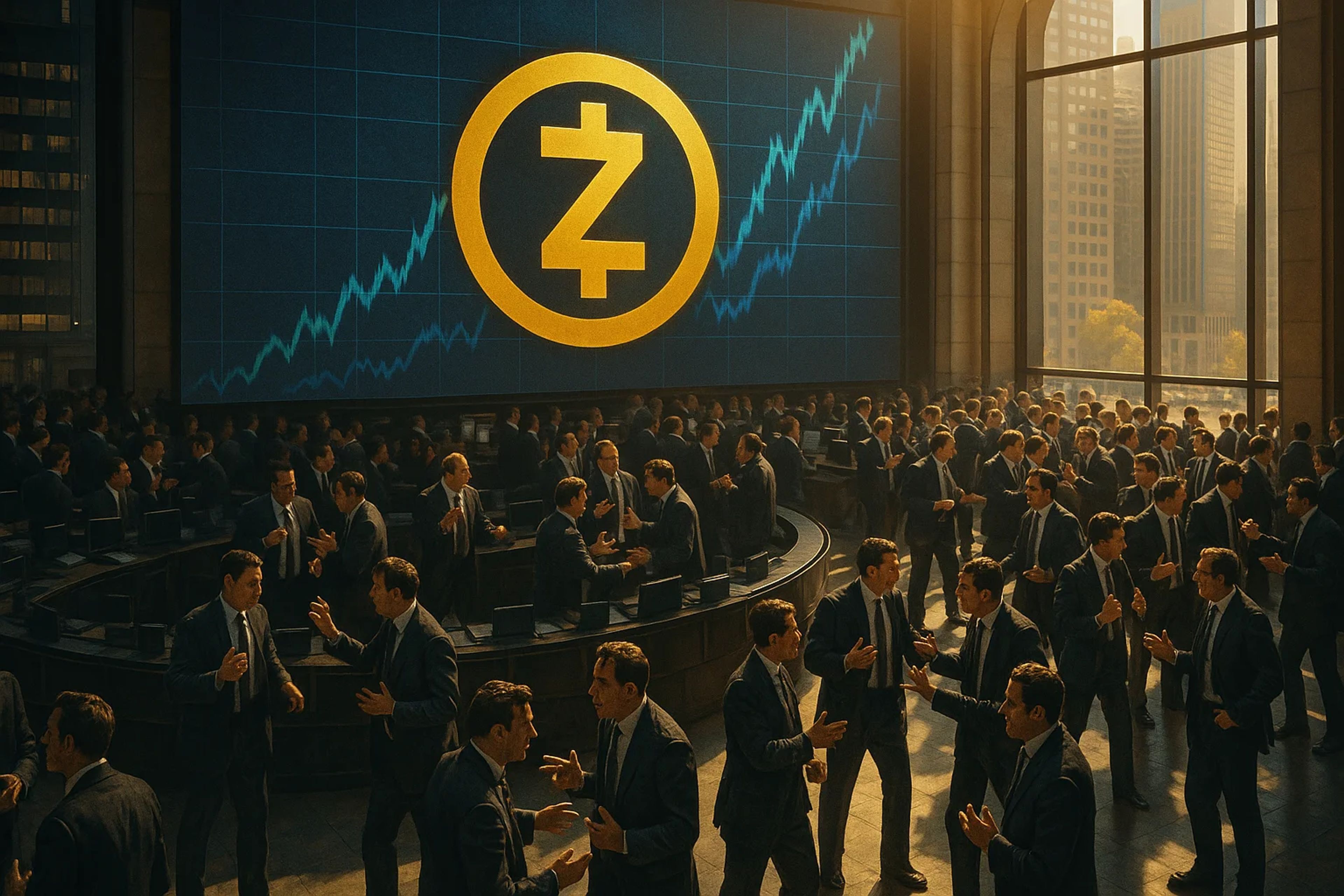 Crowded trading floor with a large cryptocurrency