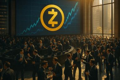 Crowded trading floor with a large cryptocurrency