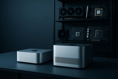 Two sleek silver computer units on a dark table
