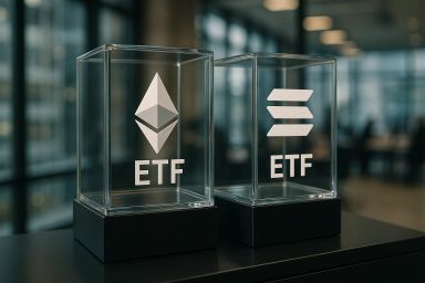 Two glass display cases with logos inside