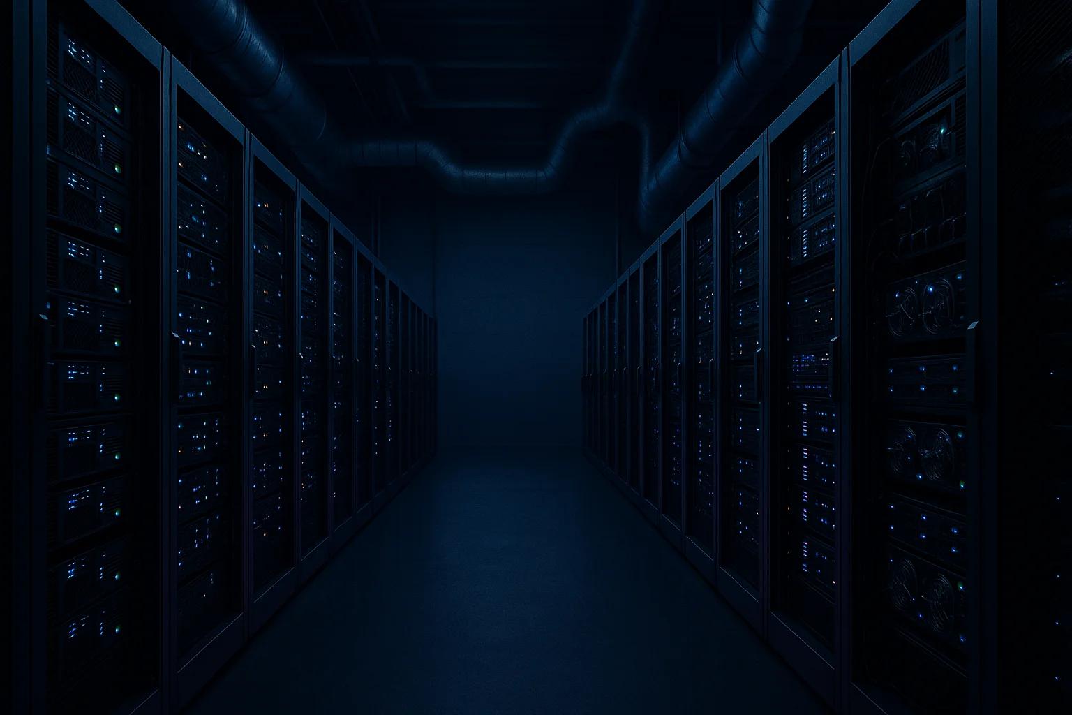 Dimly lit server room with rows of servers