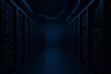 Dimly lit server room with rows of servers